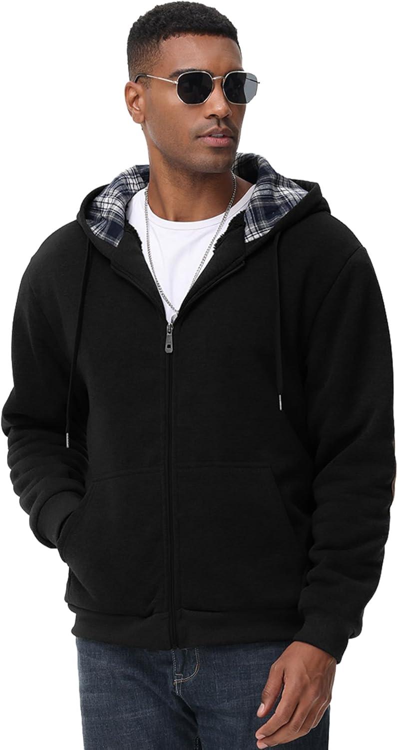 imageMens Sherpa Jacket Fleece Lined Zip Up Plaid Hood Heavyweight Sweatshirt Winter Warm Thick Coat with Elbow PatchesBlack