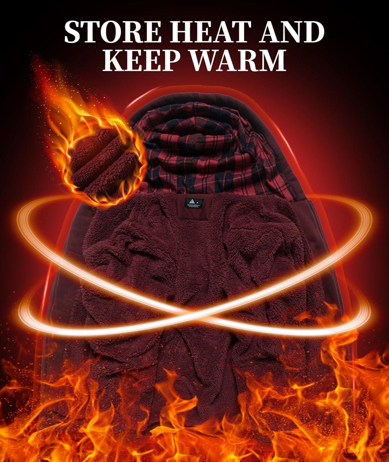 imageMens Sherpa Jacket Fleece Lined Zip Up Plaid Hood Heavyweight Sweatshirt Winter Warm Thick Coat with Elbow PatchesWine Red