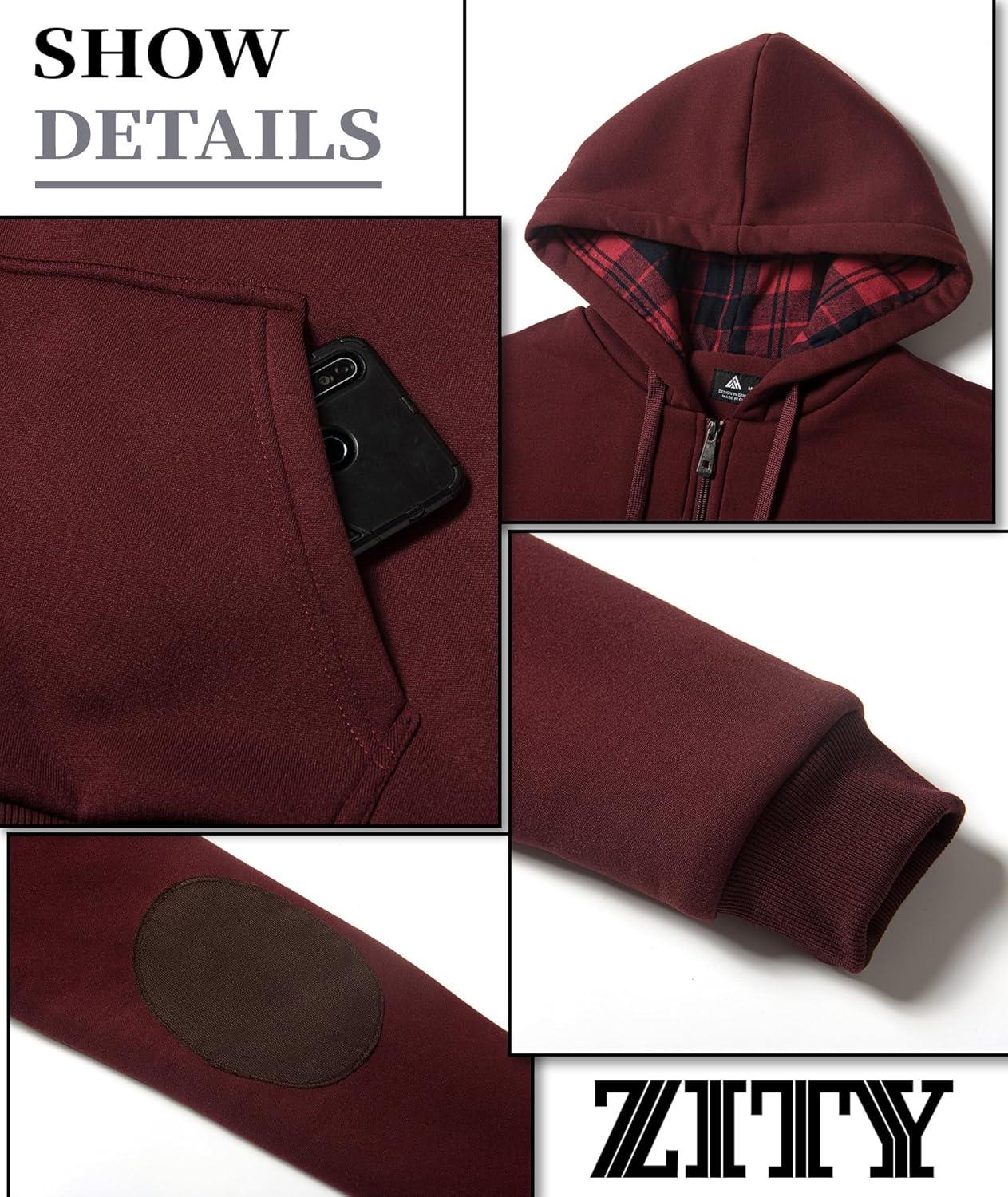 imageMens Sherpa Jacket Fleece Lined Zip Up Plaid Hood Heavyweight Sweatshirt Winter Warm Thick Coat with Elbow PatchesWine Red