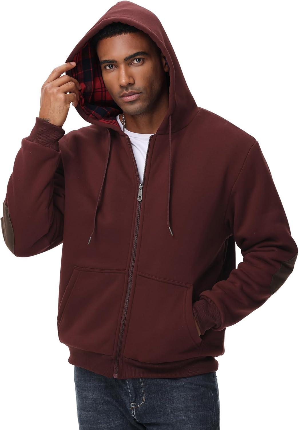 imageMens Sherpa Jacket Fleece Lined Zip Up Plaid Hood Heavyweight Sweatshirt Winter Warm Thick Coat with Elbow PatchesWine Red