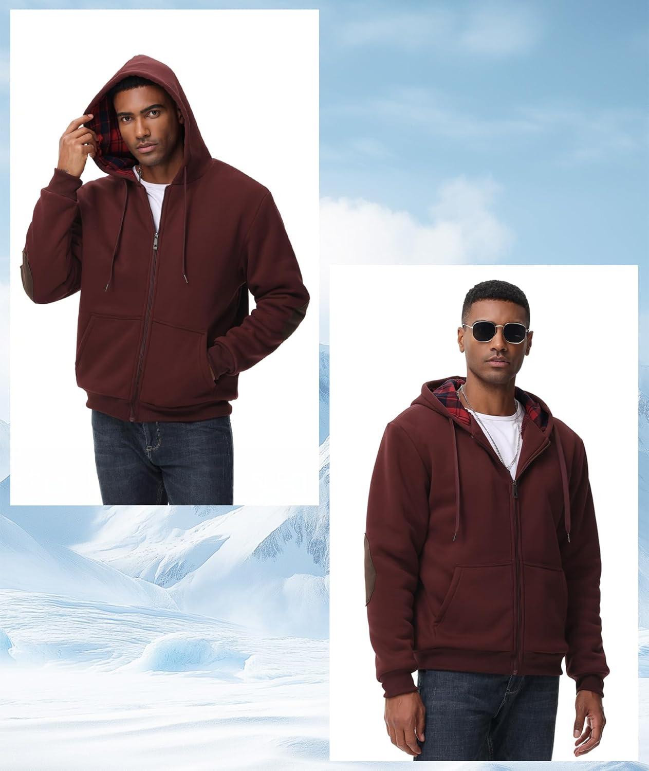 imageMens Sherpa Jacket Fleece Lined Zip Up Plaid Hood Heavyweight Sweatshirt Winter Warm Thick Coat with Elbow PatchesWine Red