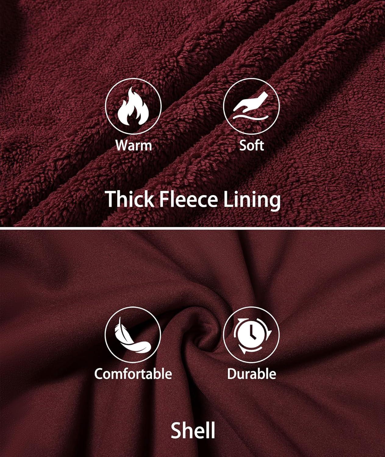 imageMens Sherpa Jacket Fleece Lined Zip Up Plaid Hood Heavyweight Sweatshirt Winter Warm Thick Coat with Elbow PatchesWine Red