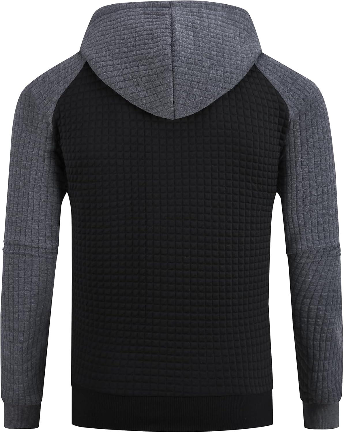 imageMens Waffle Knit Hoodie Full Zip Up Hood Lightweight Long Sleeve Drawstring Casual Warm Sweatshirt Jacket with PocketsBlackdark Gray