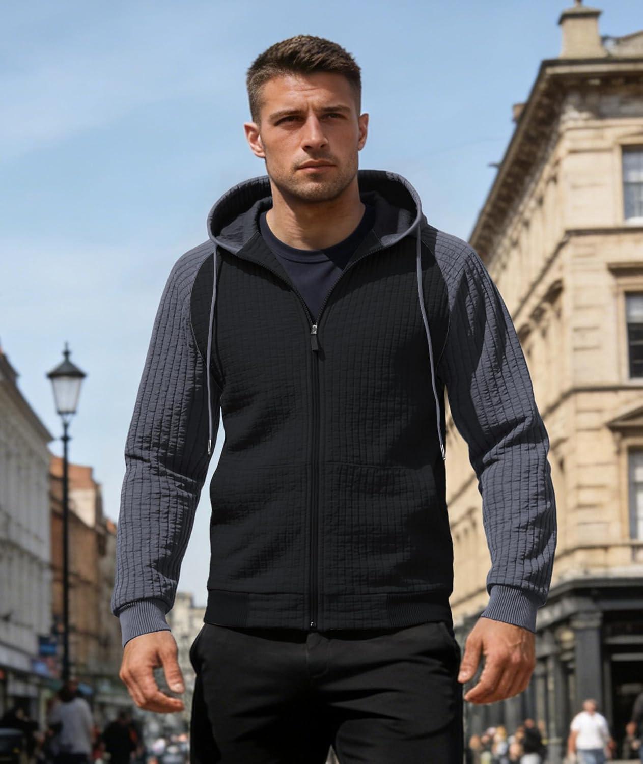 imageMens Waffle Knit Hoodie Full Zip Up Hood Lightweight Long Sleeve Drawstring Casual Warm Sweatshirt Jacket with PocketsBlackdark Gray