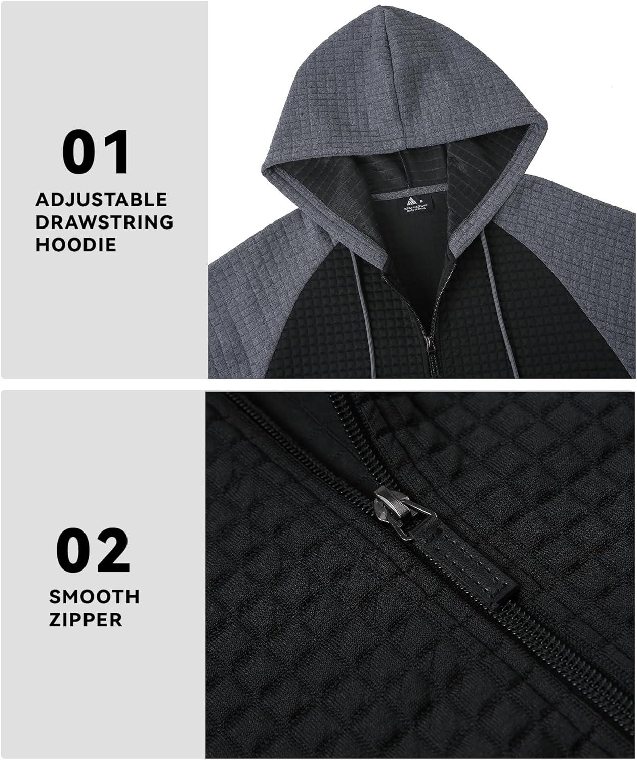 imageMens Waffle Knit Hoodie Full Zip Up Hood Lightweight Long Sleeve Drawstring Casual Warm Sweatshirt Jacket with PocketsBlackdark Gray