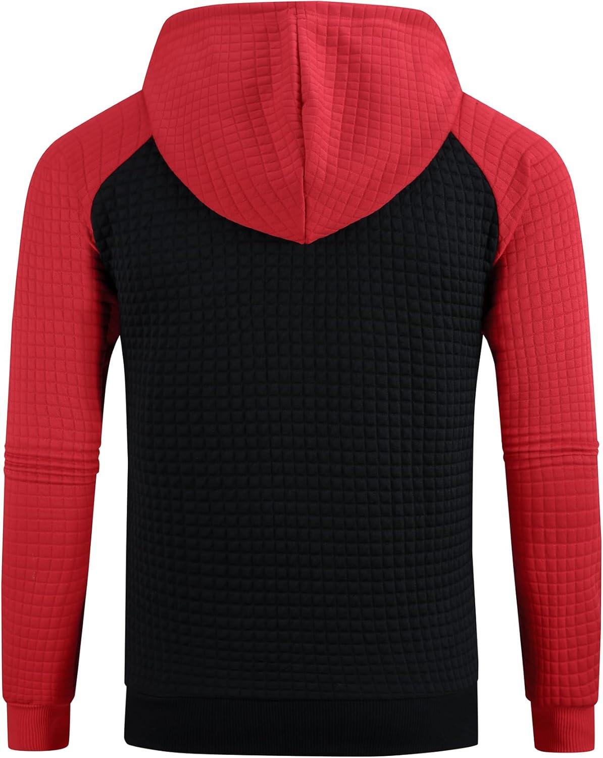 imageMens Waffle Knit Hoodie Full Zip Up Hood Lightweight Long Sleeve Drawstring Casual Warm Sweatshirt Jacket with PocketsBlackred
