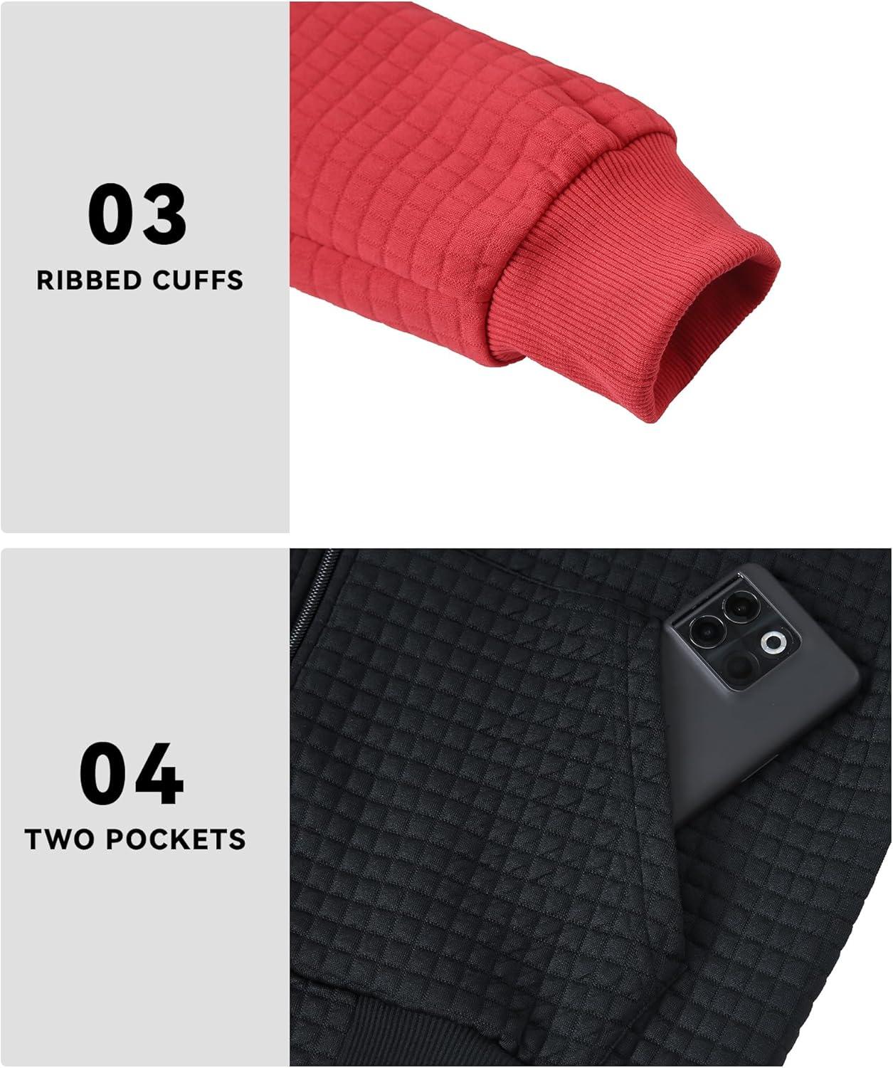 imageMens Waffle Knit Hoodie Full Zip Up Hood Lightweight Long Sleeve Drawstring Casual Warm Sweatshirt Jacket with PocketsBlackred
