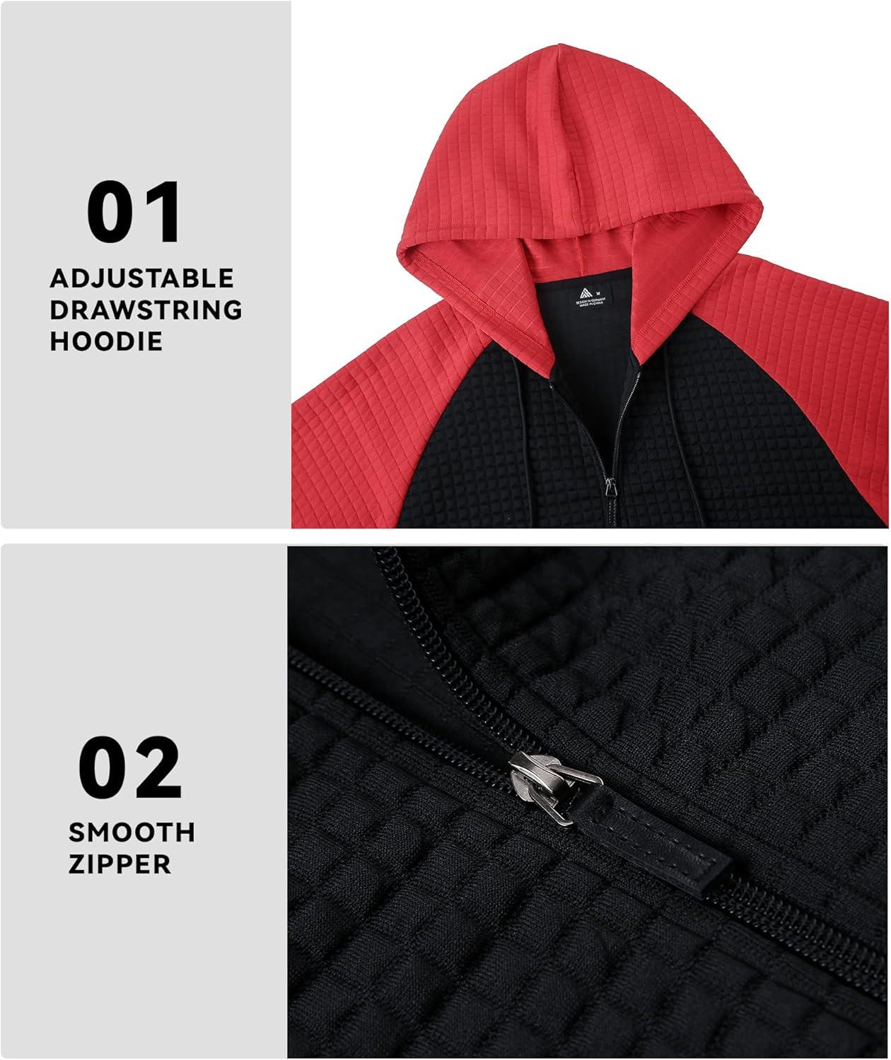 imageMens Waffle Knit Hoodie Full Zip Up Hood Lightweight Long Sleeve Drawstring Casual Warm Sweatshirt Jacket with PocketsBlackred