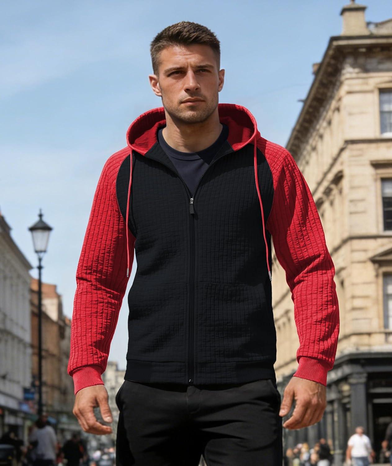 imageMens Waffle Knit Hoodie Full Zip Up Hood Lightweight Long Sleeve Drawstring Casual Warm Sweatshirt Jacket with PocketsBlackred