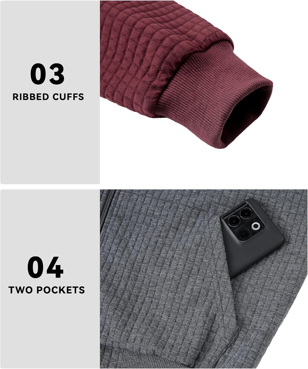 imageMens Waffle Knit Hoodie Full Zip Up Hood Lightweight Long Sleeve Drawstring Casual Warm Sweatshirt Jacket with PocketsDark Greyburgundy