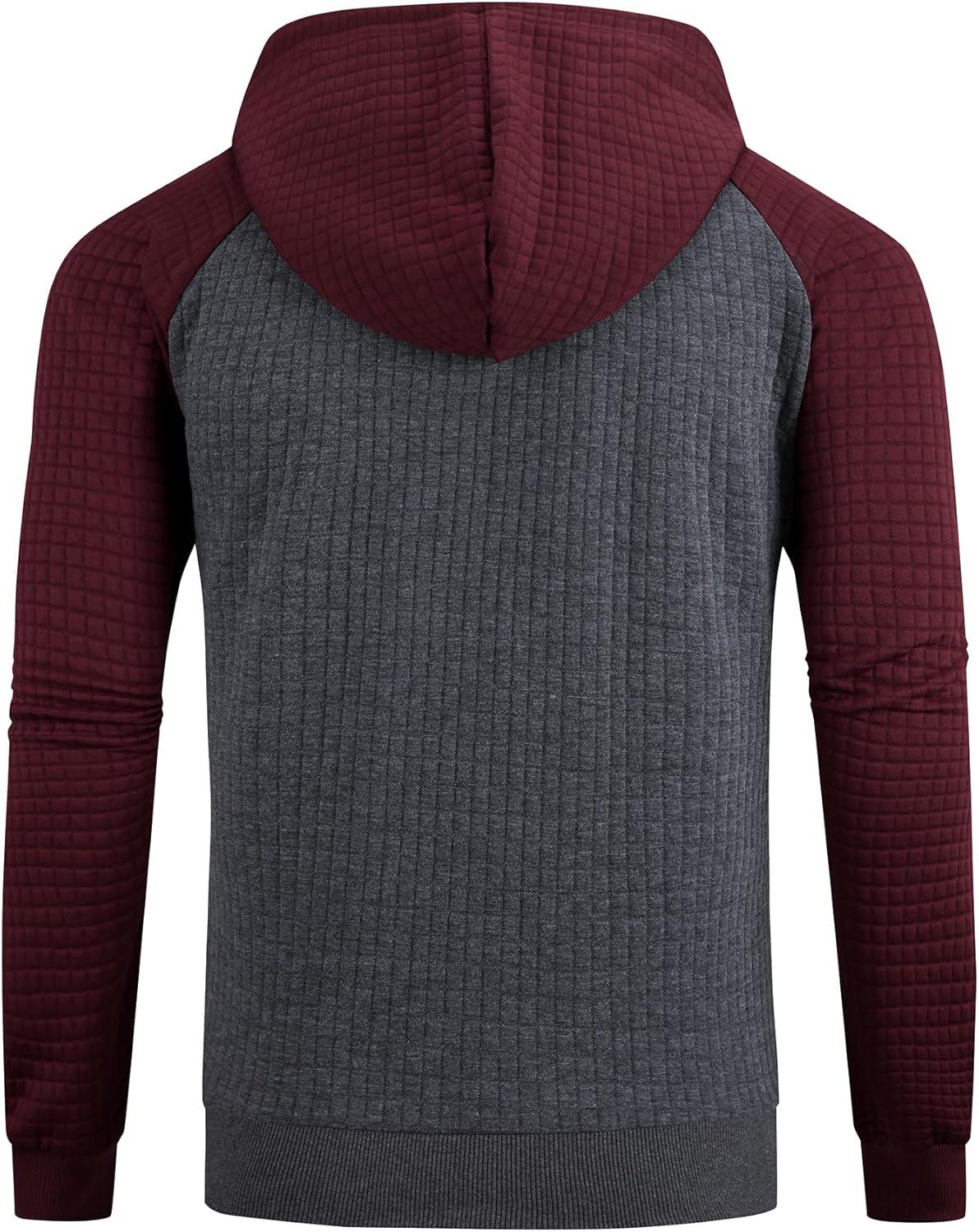 imageMens Waffle Knit Hoodie Full Zip Up Hood Lightweight Long Sleeve Drawstring Casual Warm Sweatshirt Jacket with PocketsDark Greyburgundy