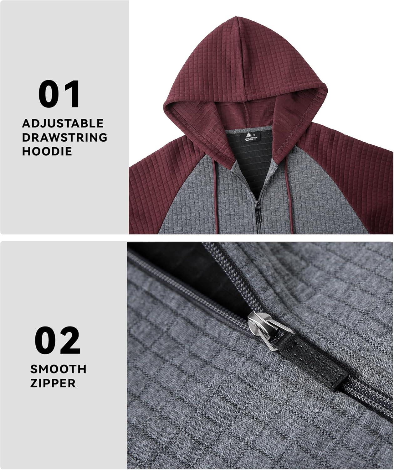 imageMens Waffle Knit Hoodie Full Zip Up Hood Lightweight Long Sleeve Drawstring Casual Warm Sweatshirt Jacket with PocketsDark Greyburgundy