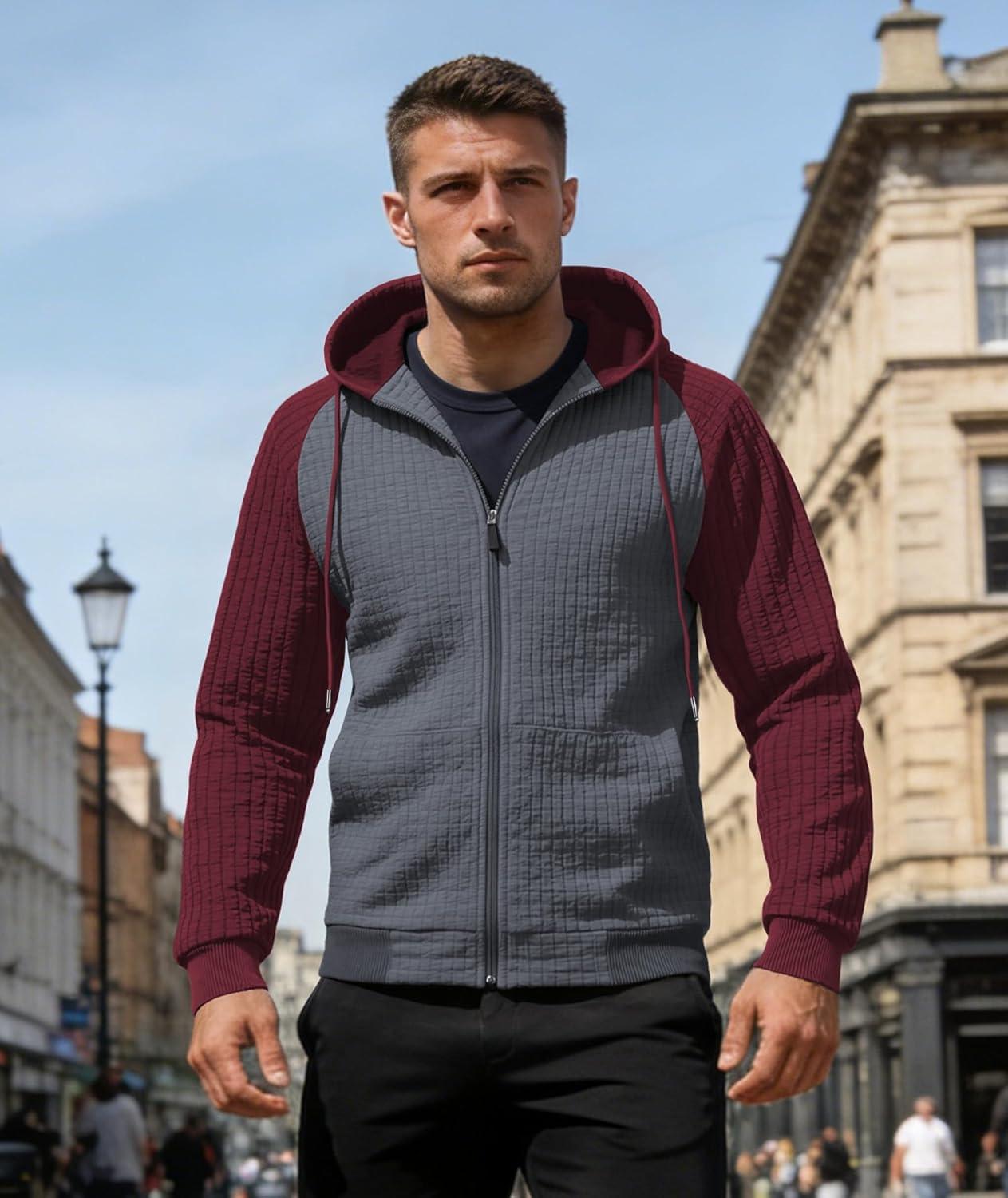 imageMens Waffle Knit Hoodie Full Zip Up Hood Lightweight Long Sleeve Drawstring Casual Warm Sweatshirt Jacket with PocketsDark Greyburgundy