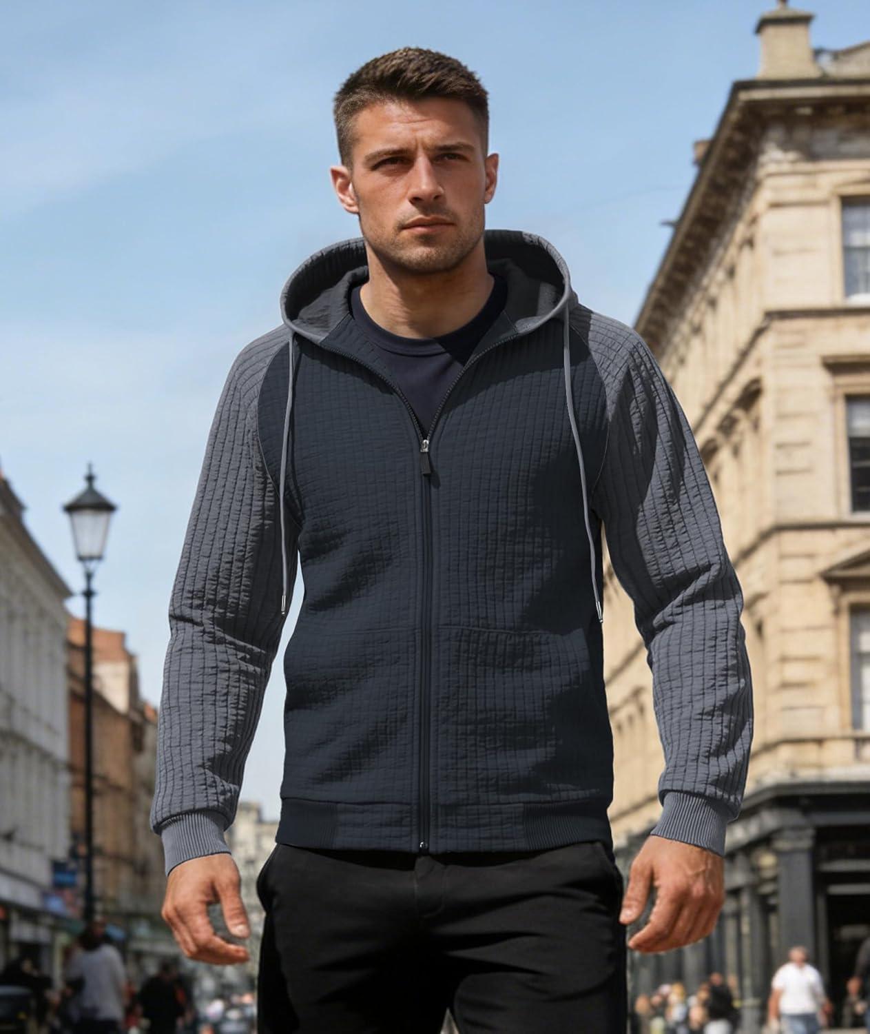 imageMens Waffle Knit Hoodie Full Zip Up Hood Lightweight Long Sleeve Drawstring Casual Warm Sweatshirt Jacket with PocketsDark Greynavy Blue