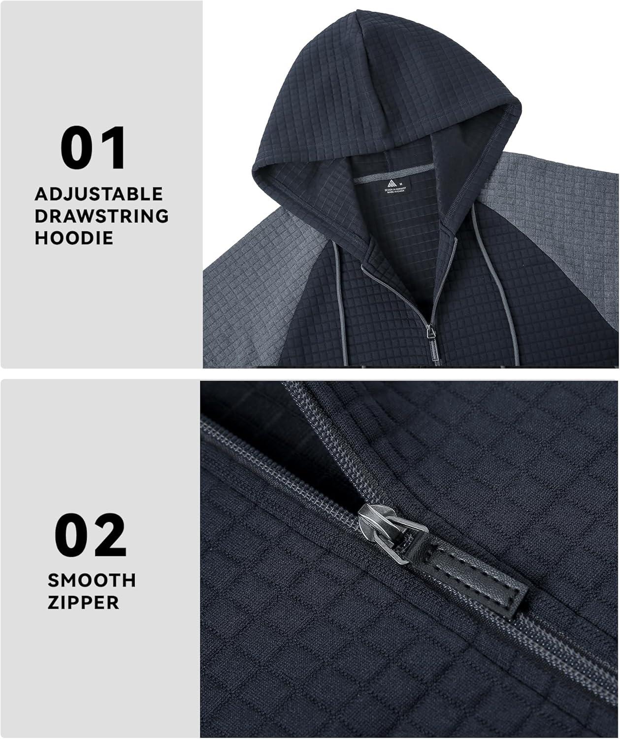 imageMens Waffle Knit Hoodie Full Zip Up Hood Lightweight Long Sleeve Drawstring Casual Warm Sweatshirt Jacket with PocketsDark Greynavy Blue