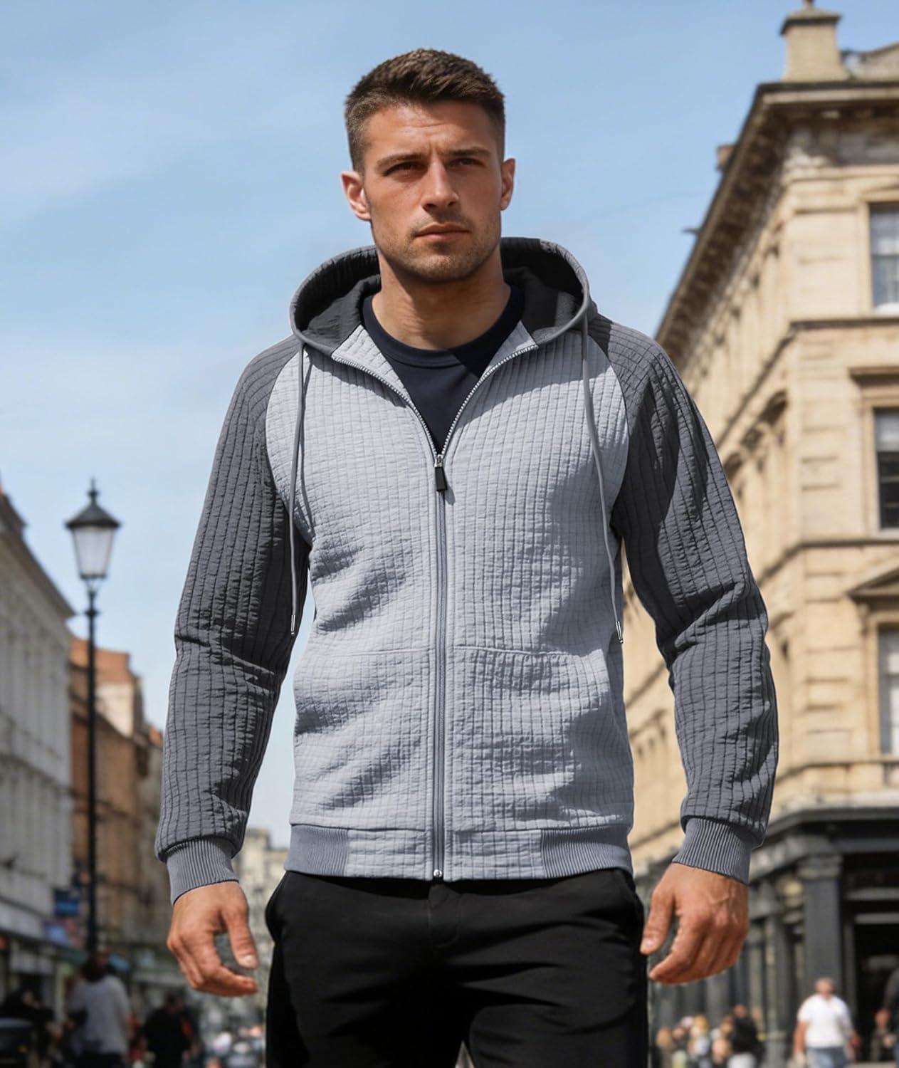 imageMens Waffle Knit Hoodie Full Zip Up Hood Lightweight Long Sleeve Drawstring Casual Warm Sweatshirt Jacket with PocketsLight Graydark Gray