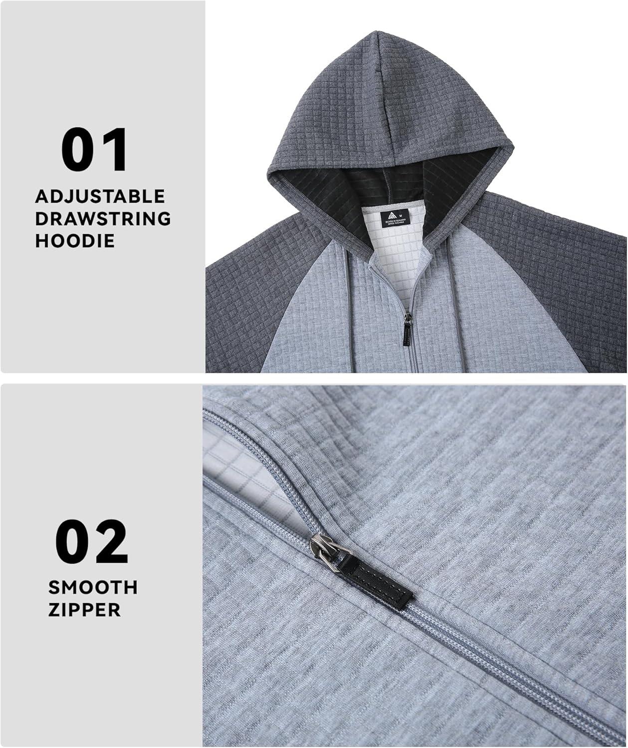 imageMens Waffle Knit Hoodie Full Zip Up Hood Lightweight Long Sleeve Drawstring Casual Warm Sweatshirt Jacket with PocketsLight Graydark Gray