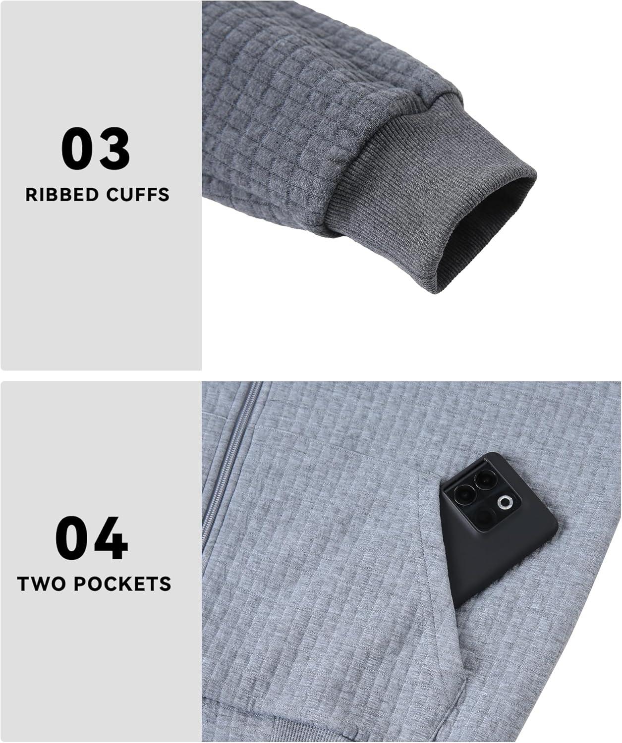 imageMens Waffle Knit Hoodie Full Zip Up Hood Lightweight Long Sleeve Drawstring Casual Warm Sweatshirt Jacket with PocketsLight Graydark Gray