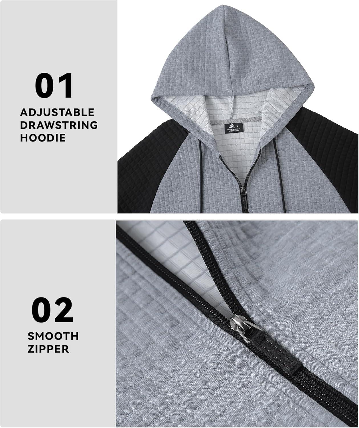 imageMens Waffle Knit Hoodie Full Zip Up Hood Lightweight Long Sleeve Drawstring Casual Warm Sweatshirt Jacket with PocketsLight Greyblack