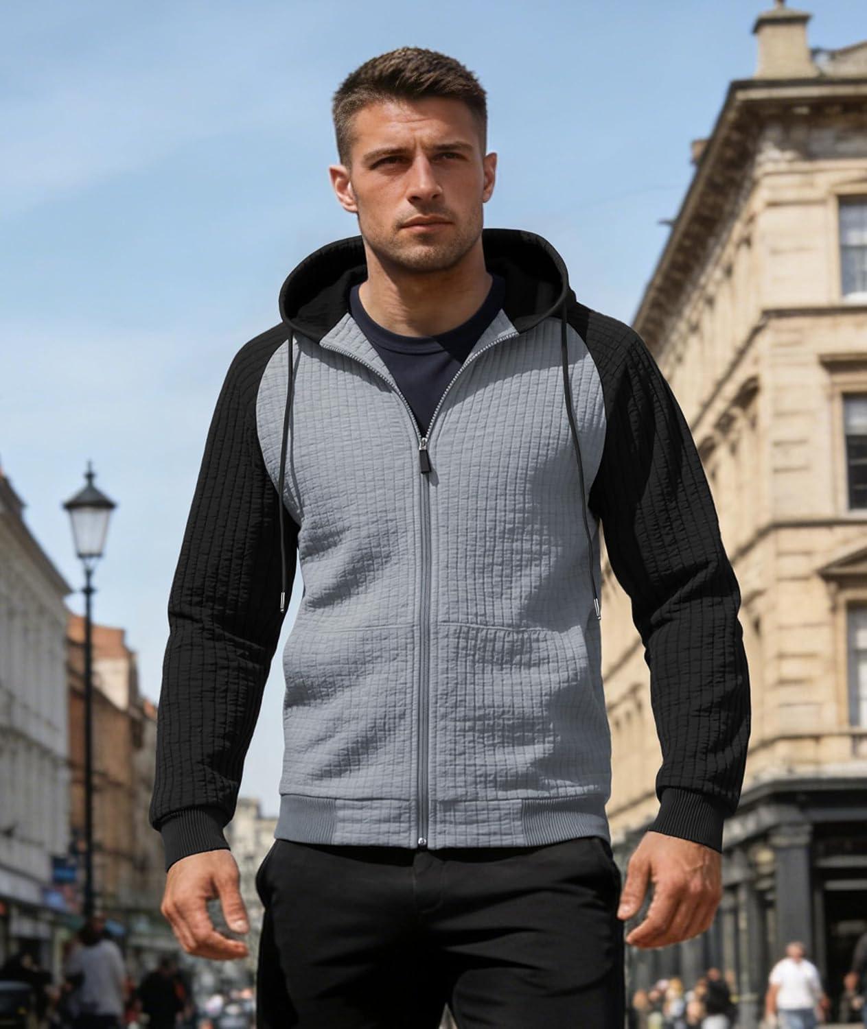 imageMens Waffle Knit Hoodie Full Zip Up Hood Lightweight Long Sleeve Drawstring Casual Warm Sweatshirt Jacket with PocketsLight Greyblack