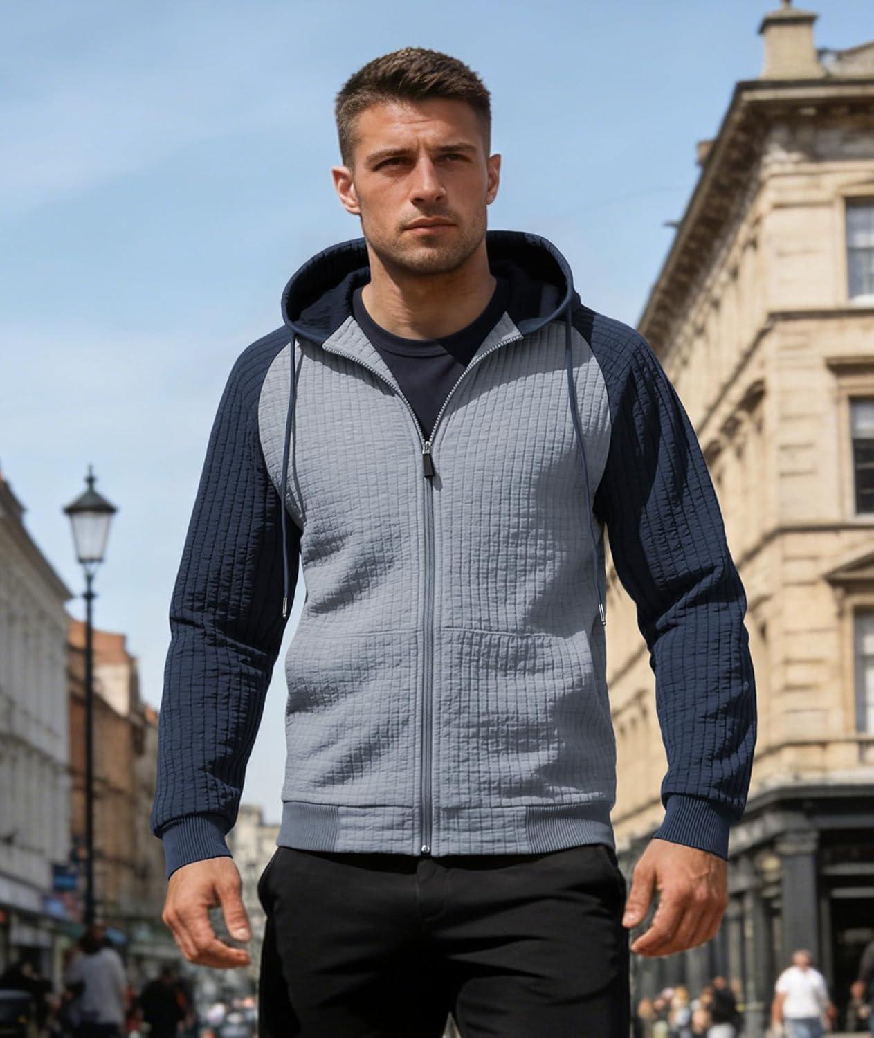 imageMens Waffle Knit Hoodie Full Zip Up Hood Lightweight Long Sleeve Drawstring Casual Warm Sweatshirt Jacket with PocketsLight Greyblue