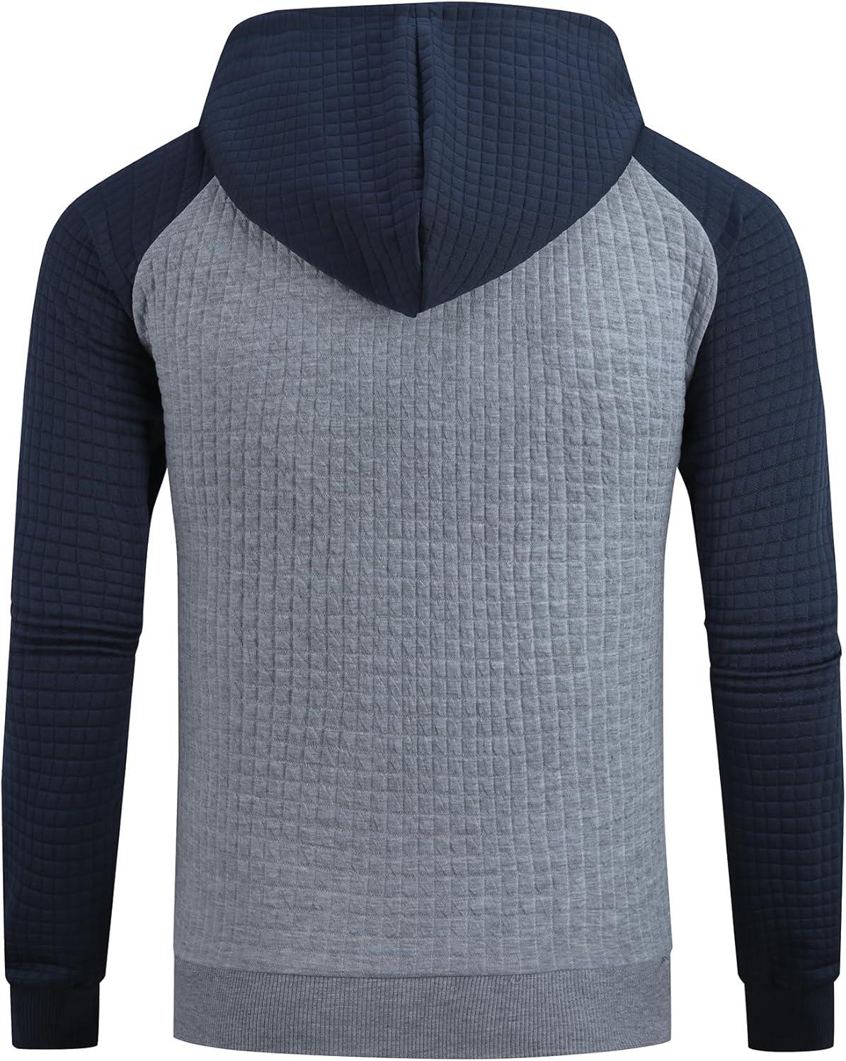 imageMens Waffle Knit Hoodie Full Zip Up Hood Lightweight Long Sleeve Drawstring Casual Warm Sweatshirt Jacket with PocketsLight Greyblue