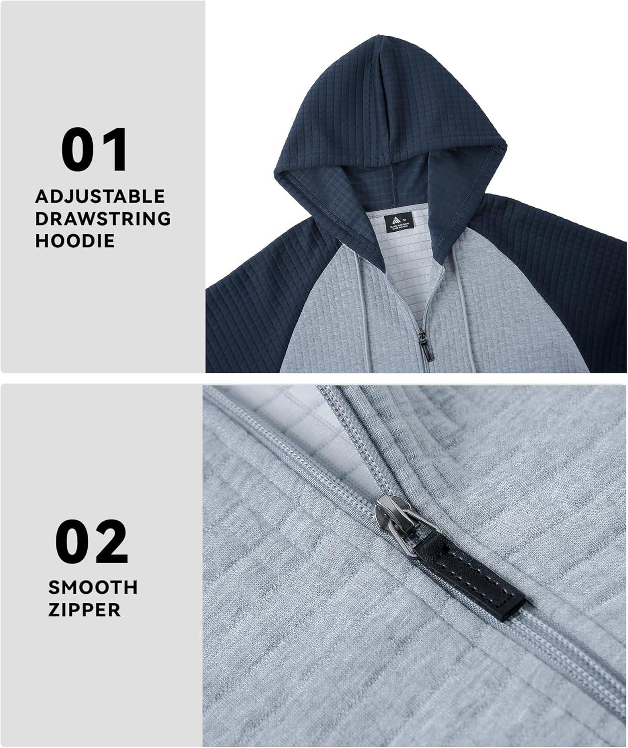 imageMens Waffle Knit Hoodie Full Zip Up Hood Lightweight Long Sleeve Drawstring Casual Warm Sweatshirt Jacket with PocketsLight Greyblue