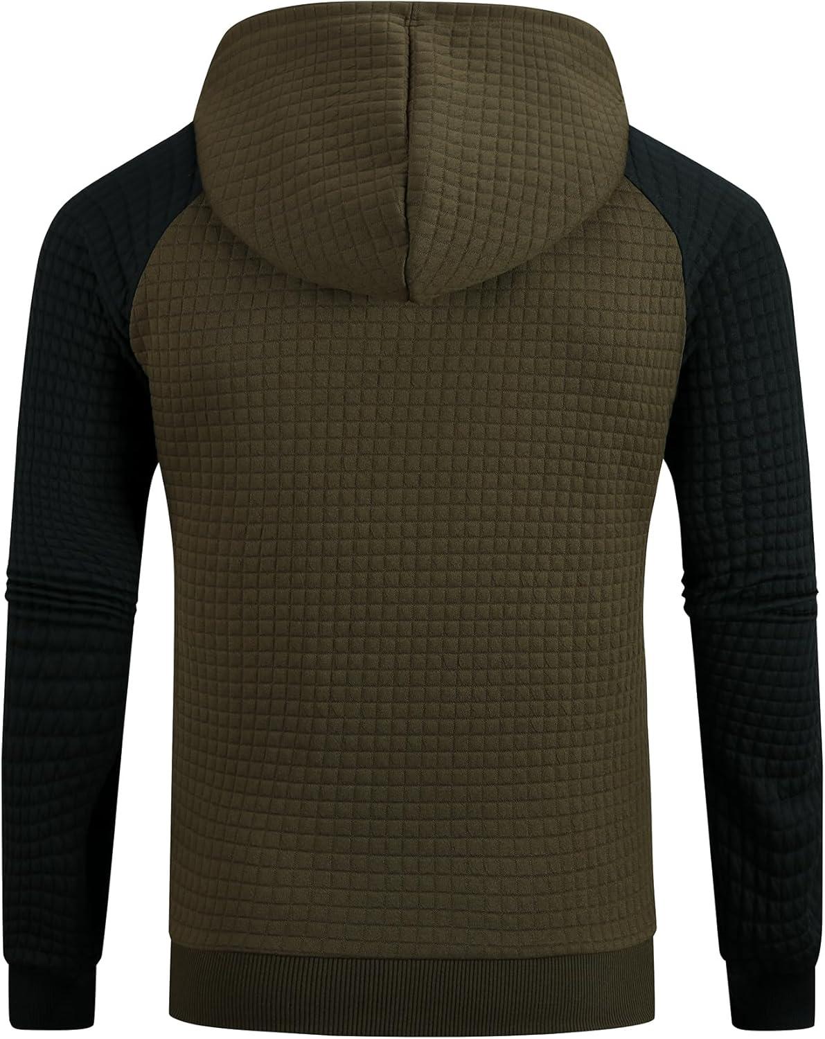 imageMens Waffle Knit Hoodie Full Zip Up Hood Lightweight Long Sleeve Drawstring Casual Warm Sweatshirt Jacket with PocketsOlive Greenblack