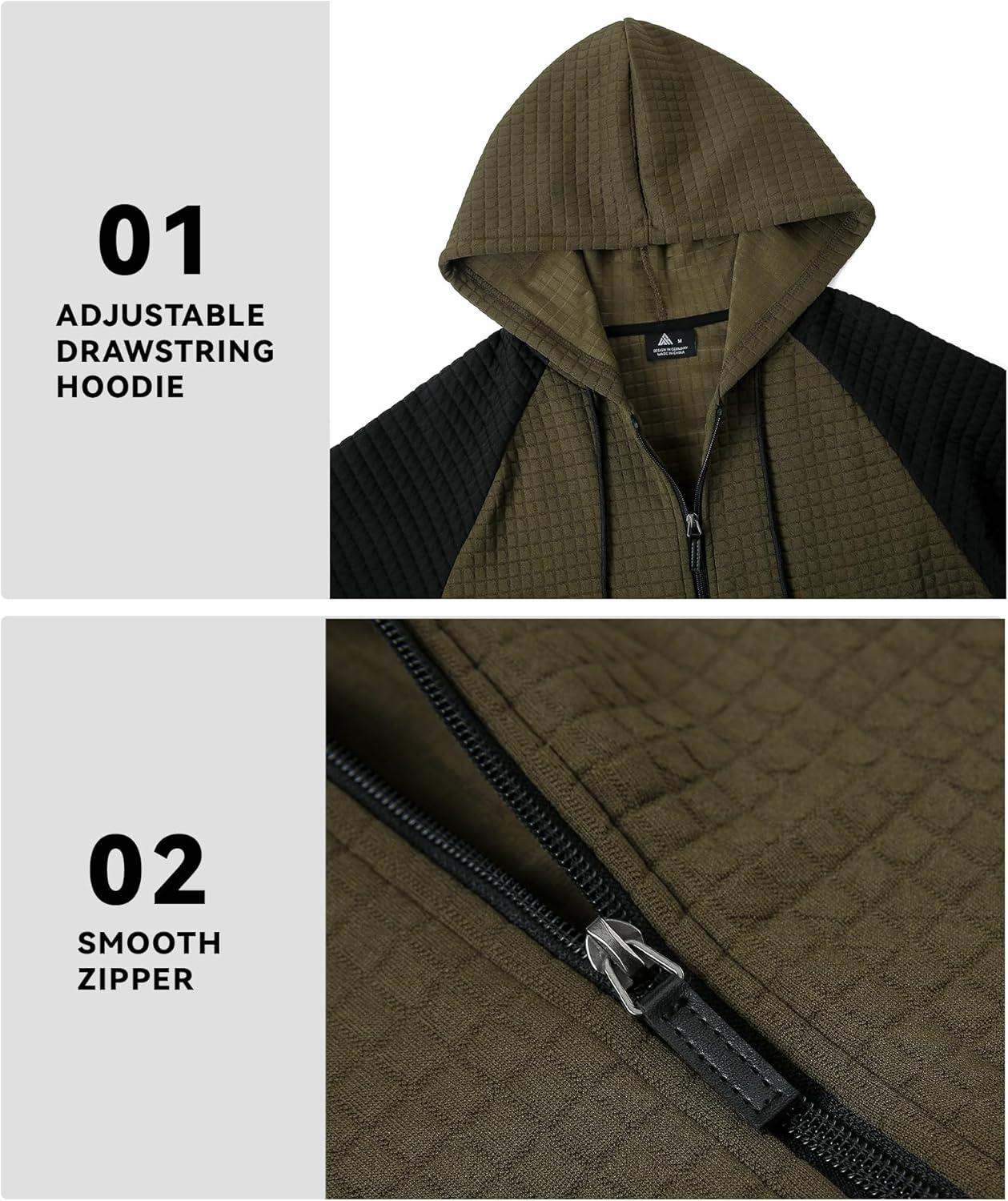 imageMens Waffle Knit Hoodie Full Zip Up Hood Lightweight Long Sleeve Drawstring Casual Warm Sweatshirt Jacket with PocketsOlive Greenblack