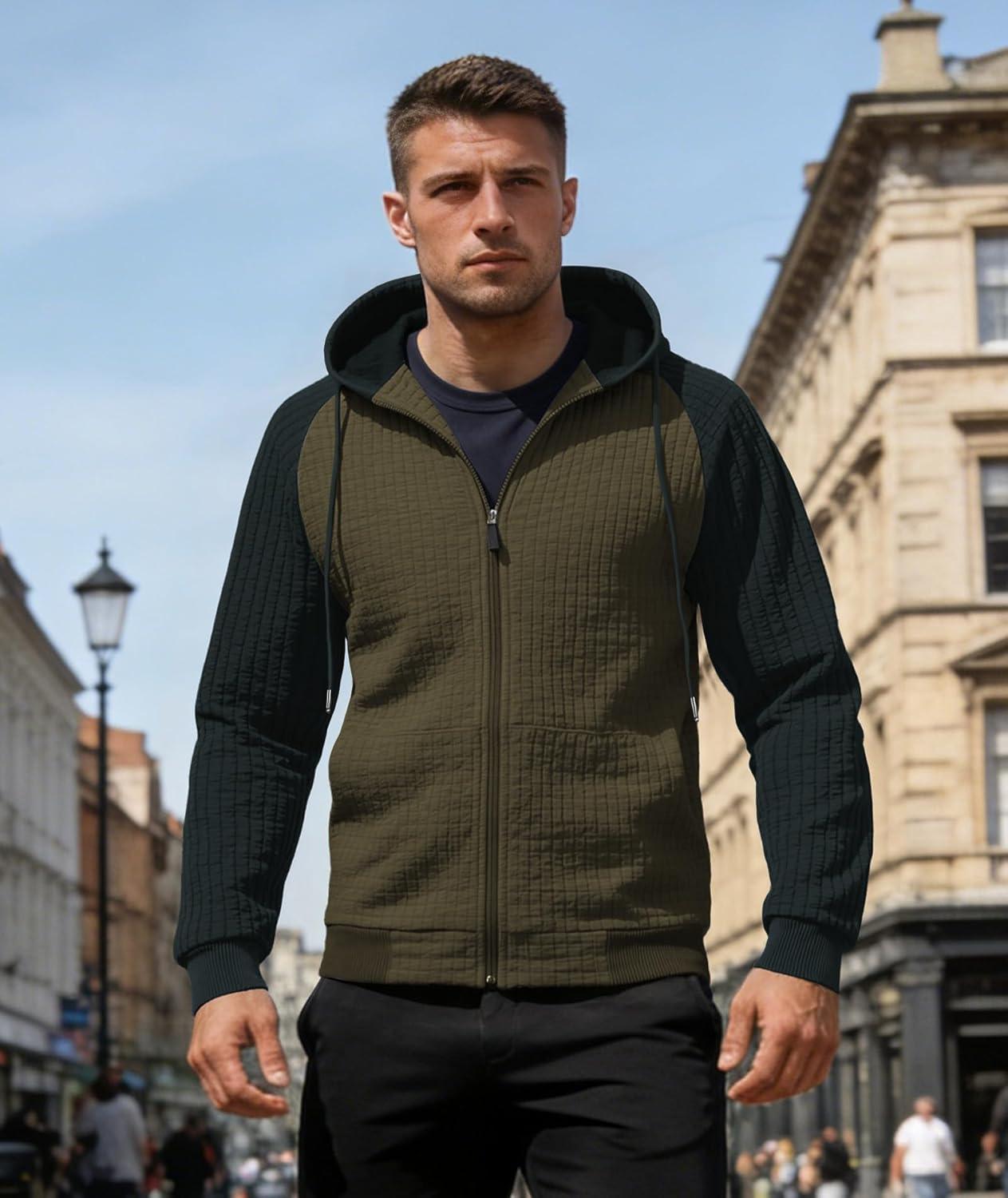 imageMens Waffle Knit Hoodie Full Zip Up Hood Lightweight Long Sleeve Drawstring Casual Warm Sweatshirt Jacket with PocketsOlive Greenblack