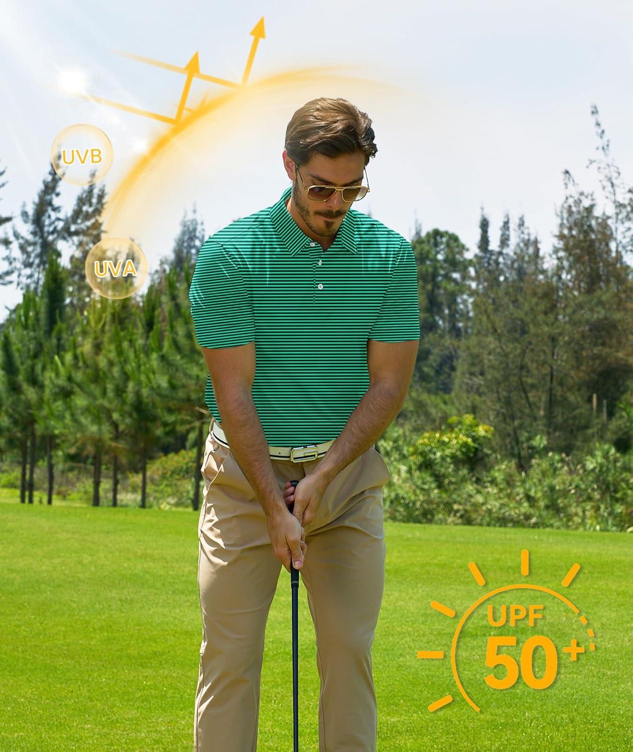 imageZITY 3 Pack Golf Shirts for Men Short Sleeve UPF 50 Performance Moisture Wicking Casual Striped Collared Polo ShirtsGreenBlueDark Blue Green