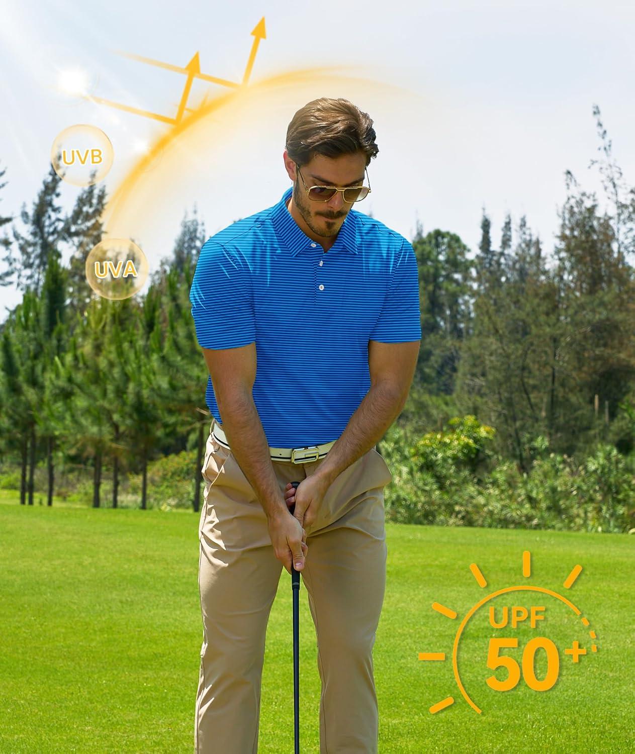 imageZITY 3 Pack Golf Shirts for Men Short Sleeve UPF 50 Performance Moisture Wicking Casual Striped Collared Polo ShirtsOrangeDark Blue GreenBlue