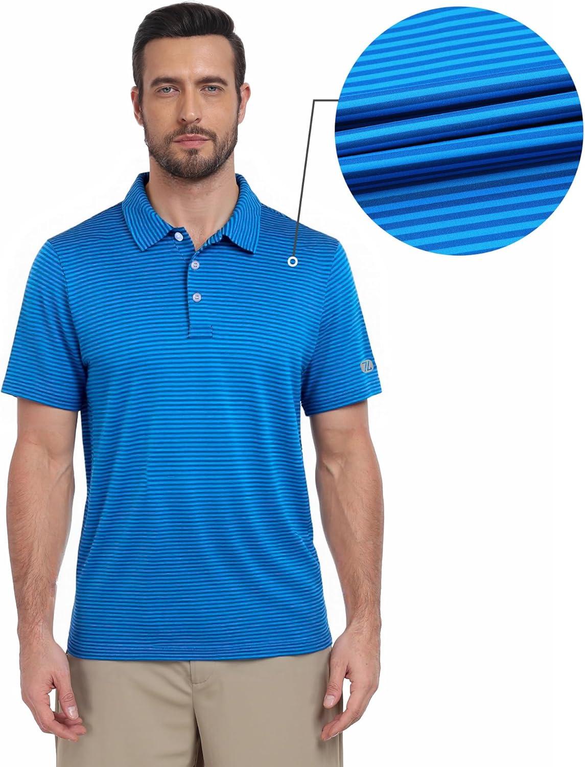 imageZITY 3 Pack Golf Shirts for Men Short Sleeve UPF 50 Performance Moisture Wicking Casual Striped Collared Polo ShirtsOrangeDark Blue GreenBlue