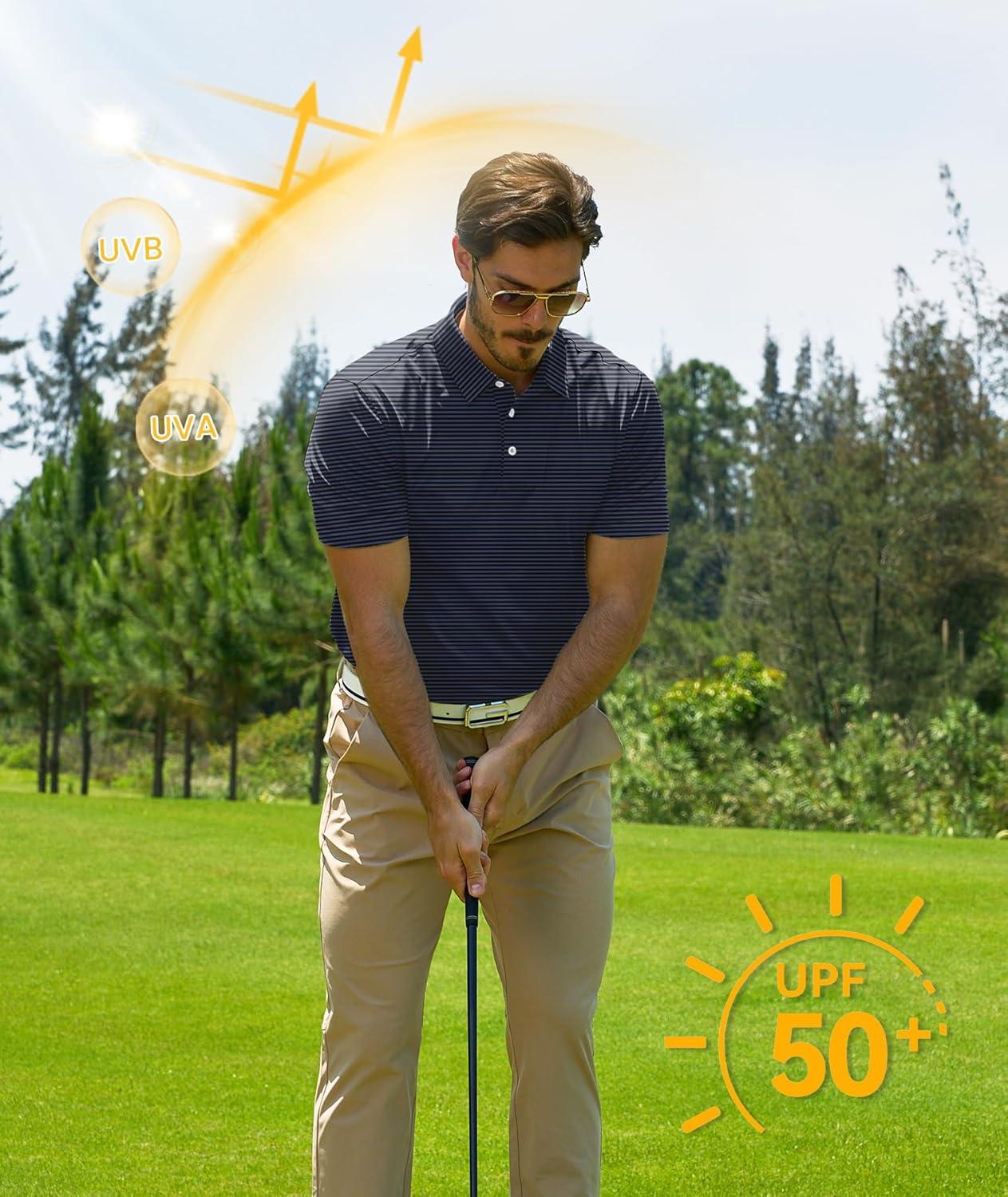 imageZITY 3 Pack Golf Shirts for Men Short Sleeve UPF 50 Performance Moisture Wicking Casual Striped Collared Polo ShirtsRose RedDark Blue GreenBlack
