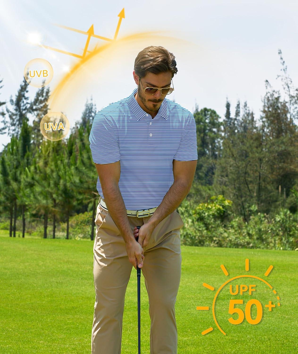 imageZITY 3 Pack Golf Shirts for Men Short Sleeve UPF 50 Performance Moisture Wicking Casual Striped Collared Polo ShirtsWhite BluePurpleBlue Green