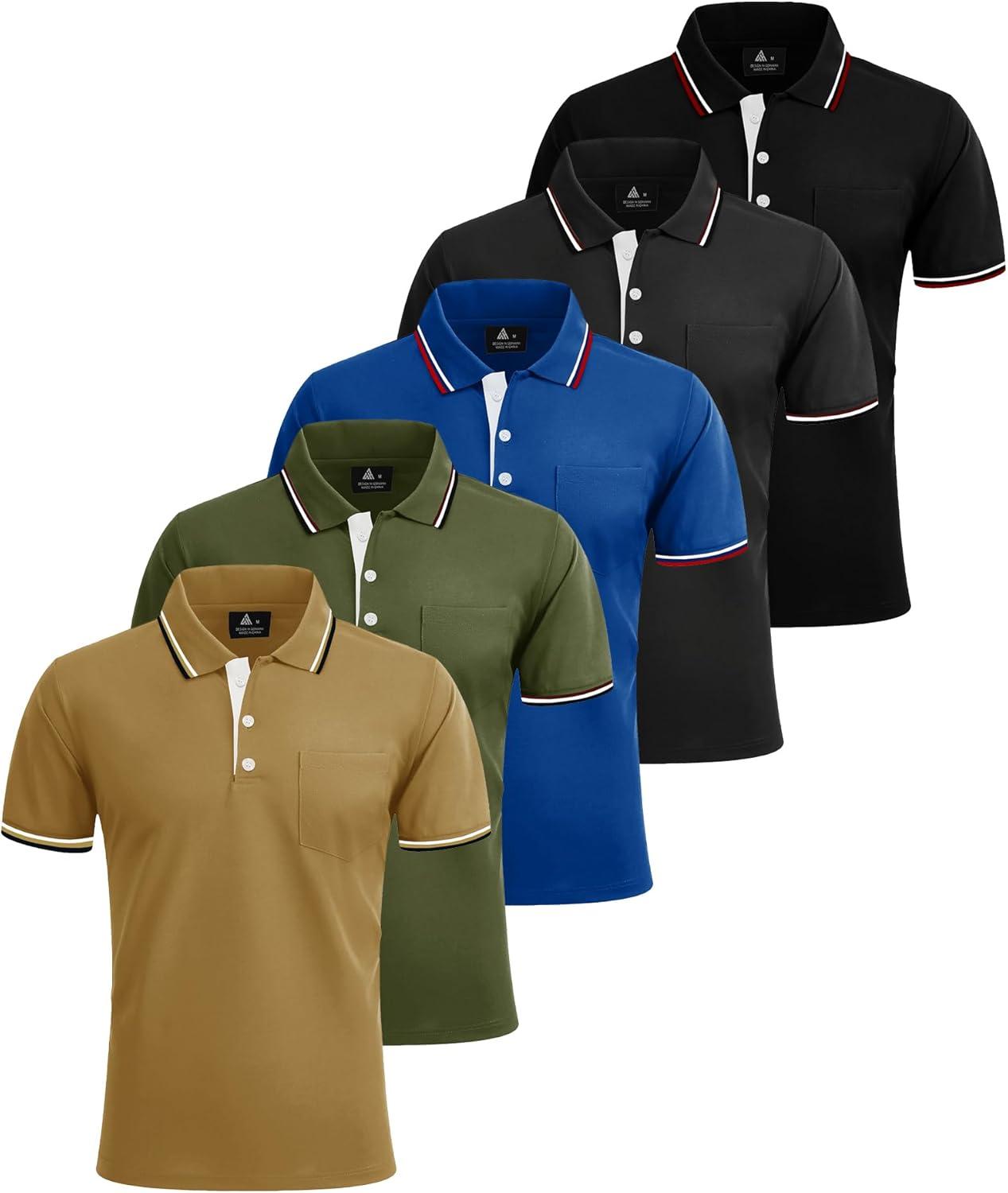 imageZITY 5 Pack Men Polo Shirts Short Sleeve with Pocket Wicking Golf Shirts for Men Casual Collared TShirtsKhaki Armygreen Sapphireblue Darkgray Black