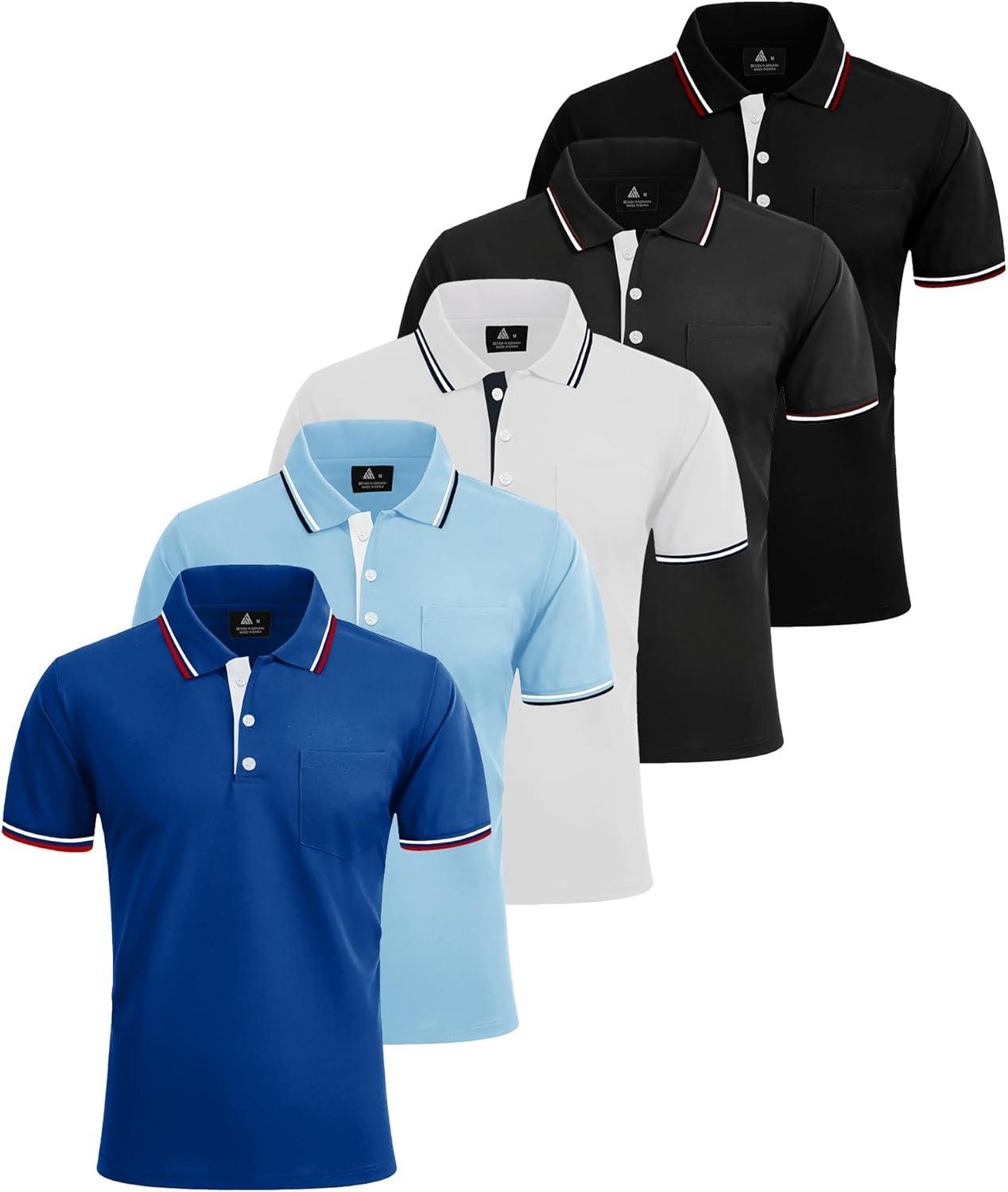 imageZITY 5 Pack Men Polo Shirts Short Sleeve with Pocket Wicking Golf Shirts for Men Casual Collared TShirtsSapphireblue Moonblue White Darkgray Black