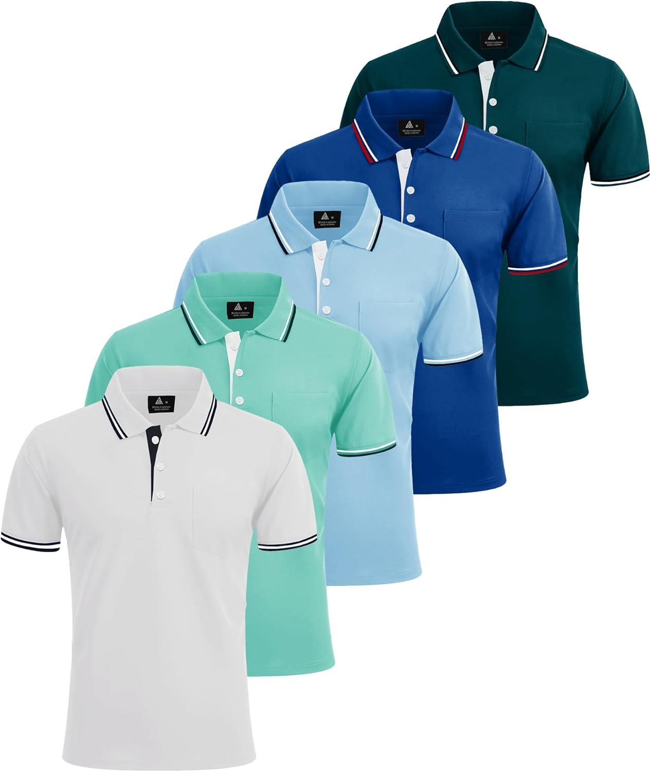 imageZITY 5 Pack Men Polo Shirts Short Sleeve with Pocket Wicking Golf Shirts for Men Casual Collared TShirtsWhite Emeraldblue Moonblue Bluegreen Darkblue