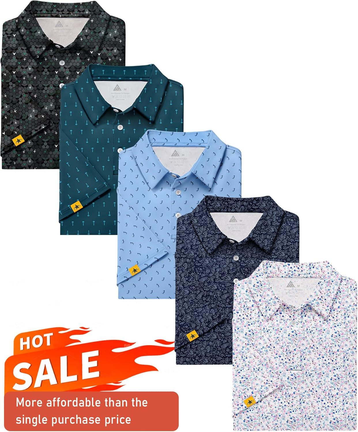 imageZITY 5 Pack Mens Golf Shirt Short Sleeve UPF 50 Moisture Wicking Performance Print Patterns Casual Golf Polo Shirts for MenBlackishgreen Tealblue Lightblue Navy Colorfuldots