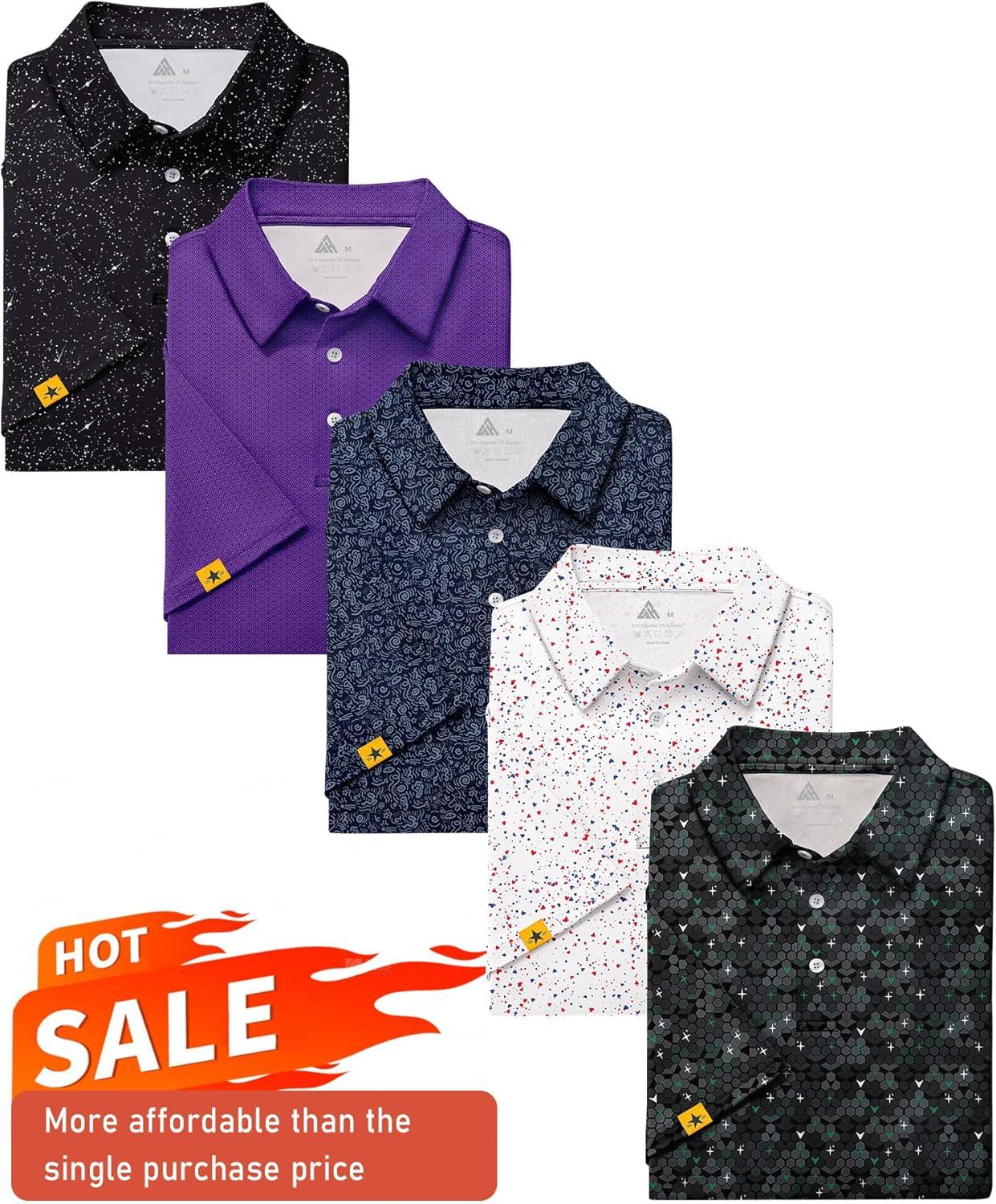 imageZITY 5 Pack Mens Golf Shirt Short Sleeve UPF 50 Moisture Wicking Performance Print Patterns Casual Golf Polo Shirts for MenBlackwhite Purple Navy Redwhiteblue Blackishgreen