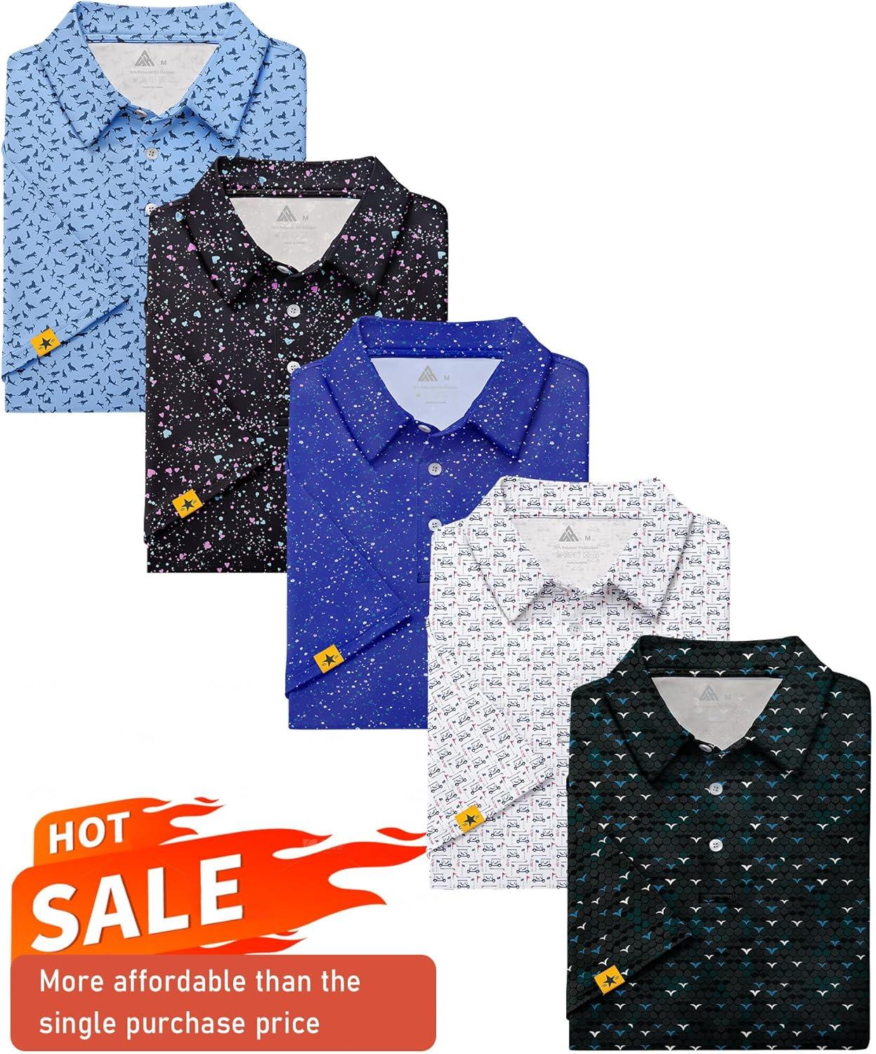 imageZITY 5 Pack Mens Golf Shirt Short Sleeve UPF 50 Moisture Wicking Performance Print Patterns Casual Golf Polo Shirts for MenMoonblue Black Royalblue White Lakeblue