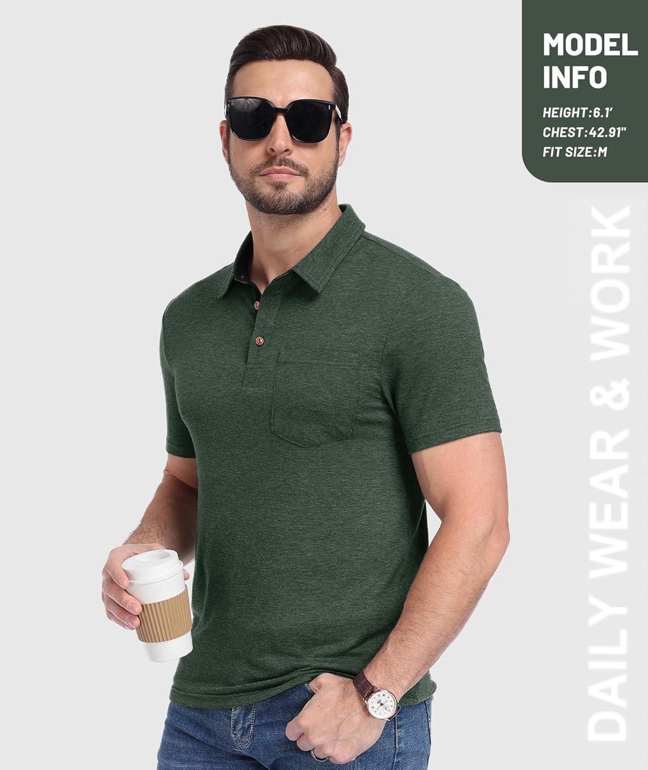 imageZITY 5 Pack Mens Polo Shirts with Pocket Short Sleeve Cotton Lightweight Casual Collared Shirts for Golf Business Daily WearSet B