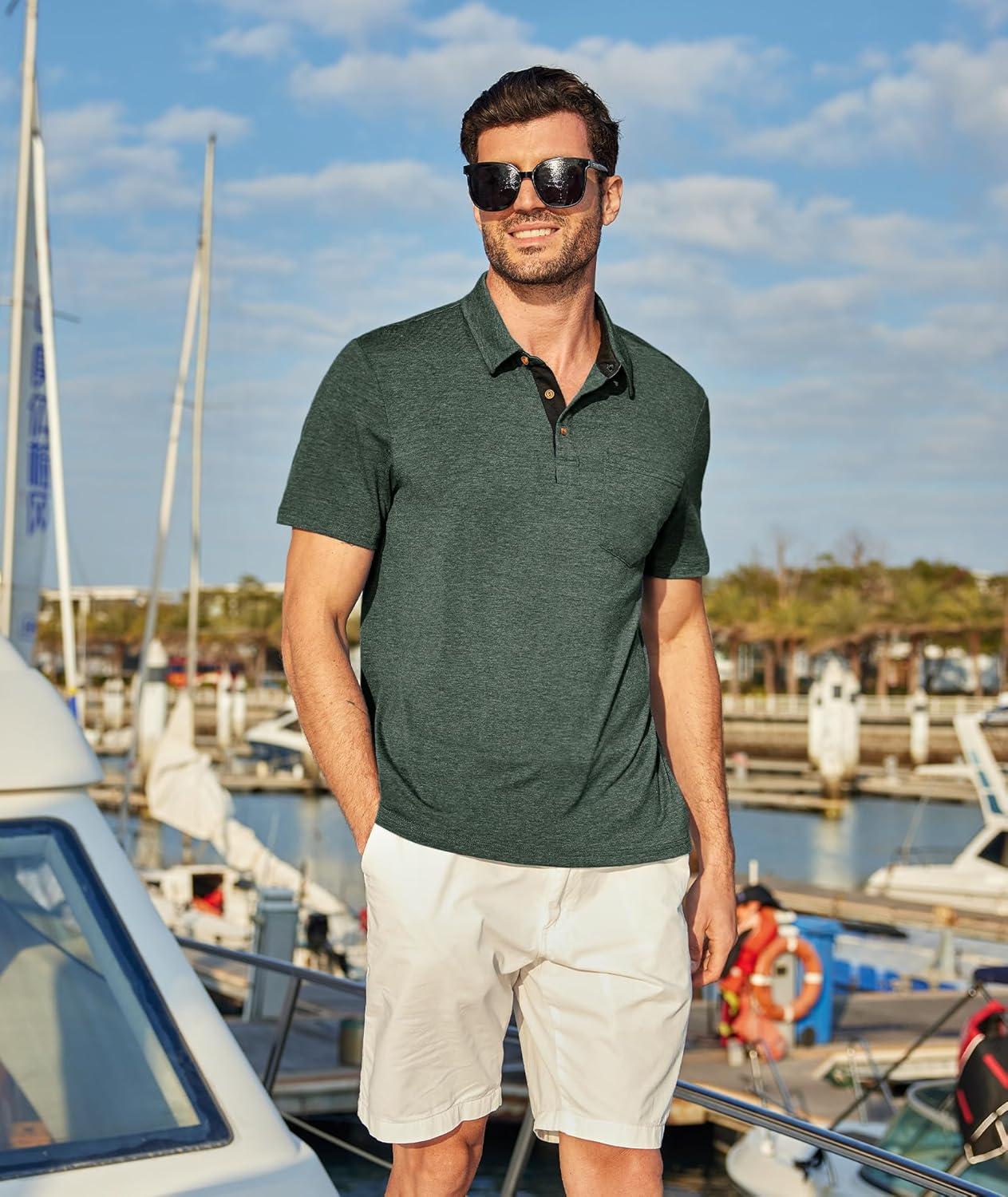 imageZITY 5 Pack Mens Polo Shirts with Pocket Short Sleeve Cotton Lightweight Casual Collared Shirts for Golf Business Daily WearSet B