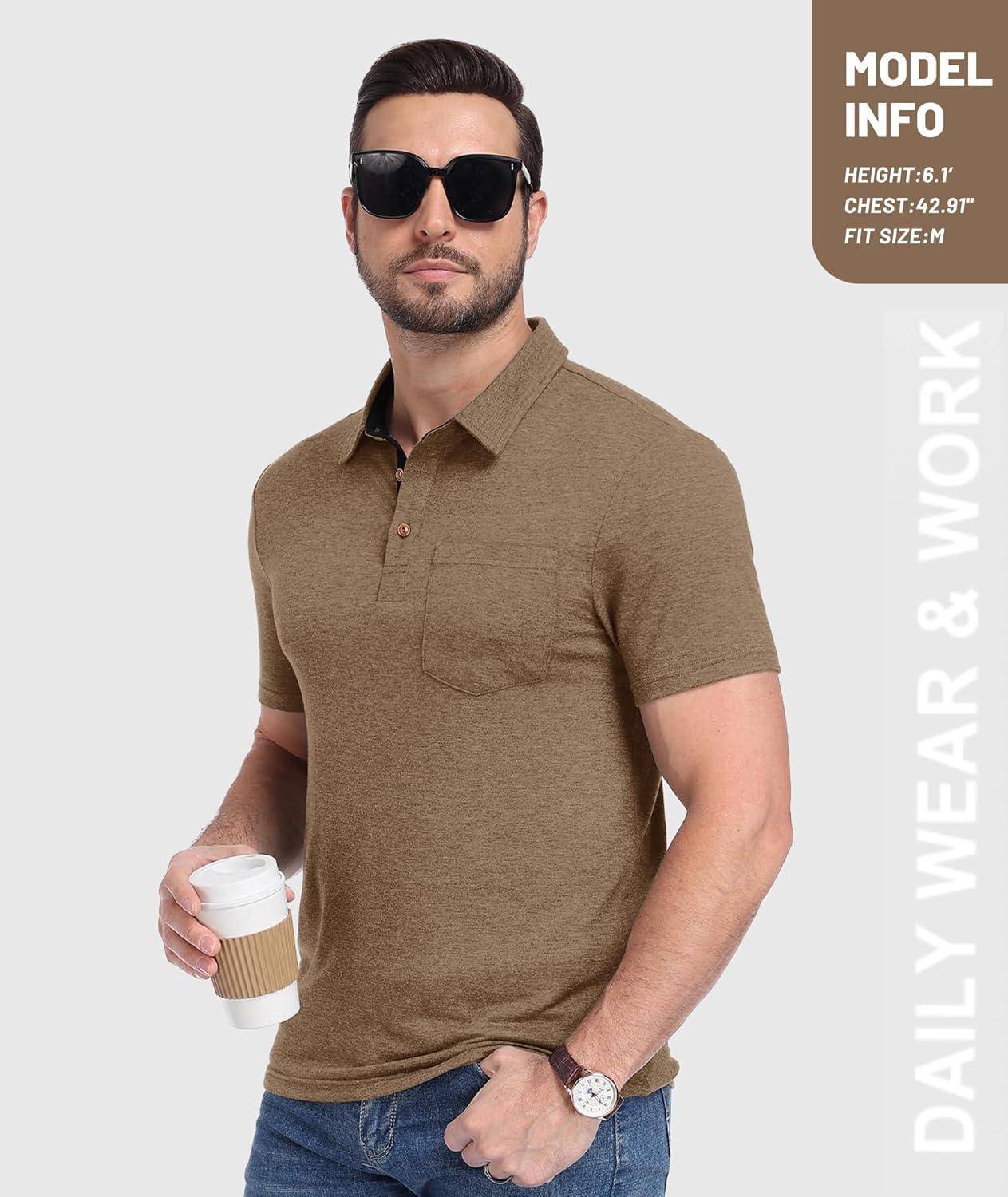imageZITY 5 Pack Mens Polo Shirts with Pocket Short Sleeve Cotton Lightweight Casual Collared Shirts for Golf Business Daily WearSet C