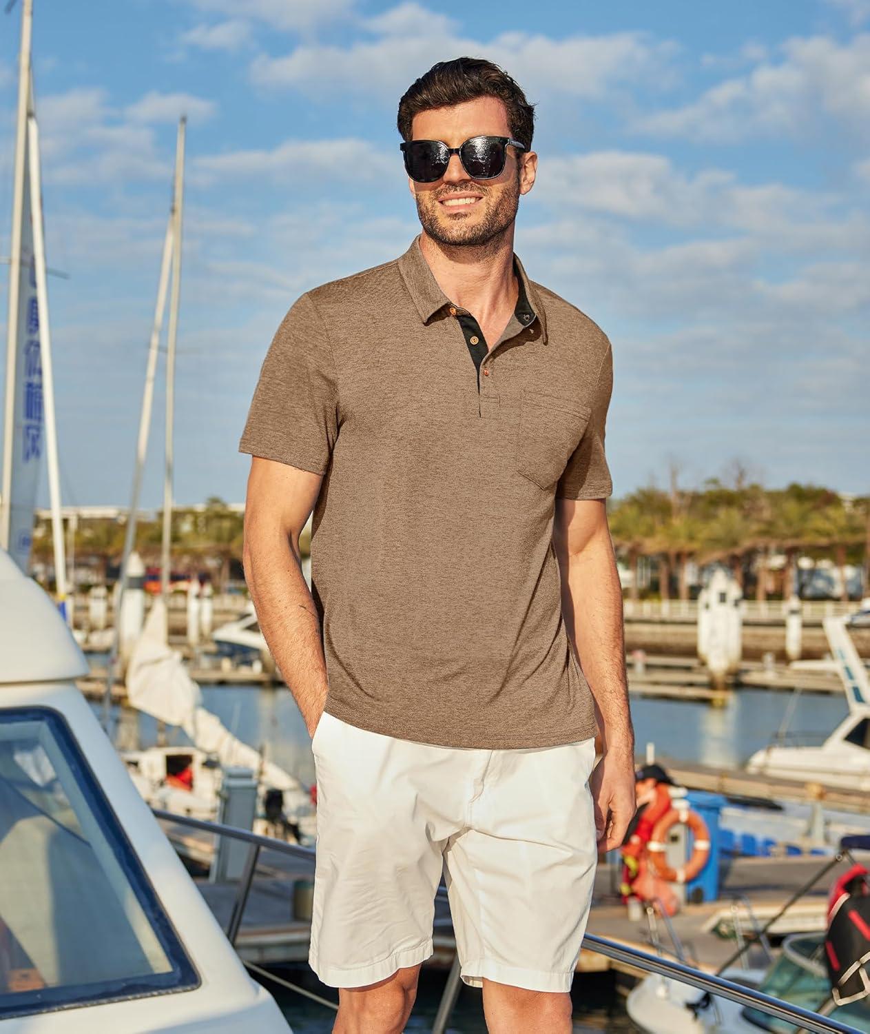 imageZITY 5 Pack Mens Polo Shirts with Pocket Short Sleeve Cotton Lightweight Casual Collared Shirts for Golf Business Daily WearSet C