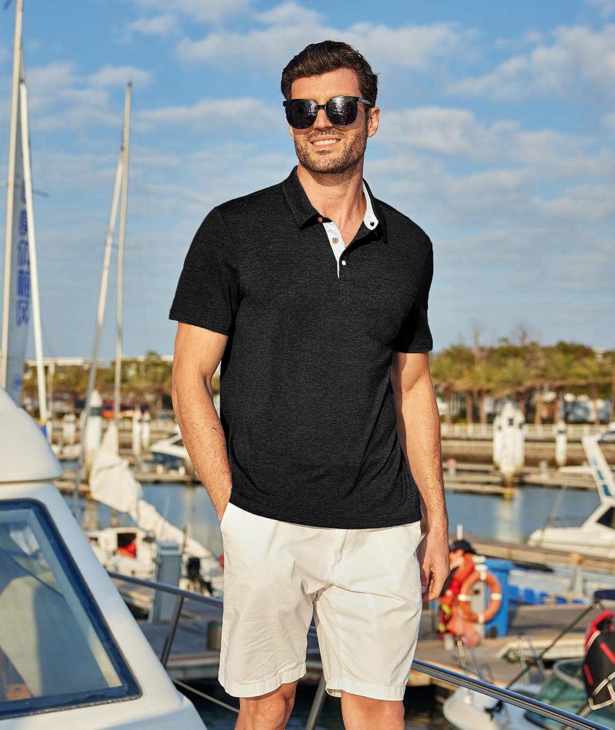 imageZITY 5 Pack Mens Polo Shirts with Pocket Short Sleeve Cotton Lightweight Casual Collared Shirts for Golf Business Daily WearSet D