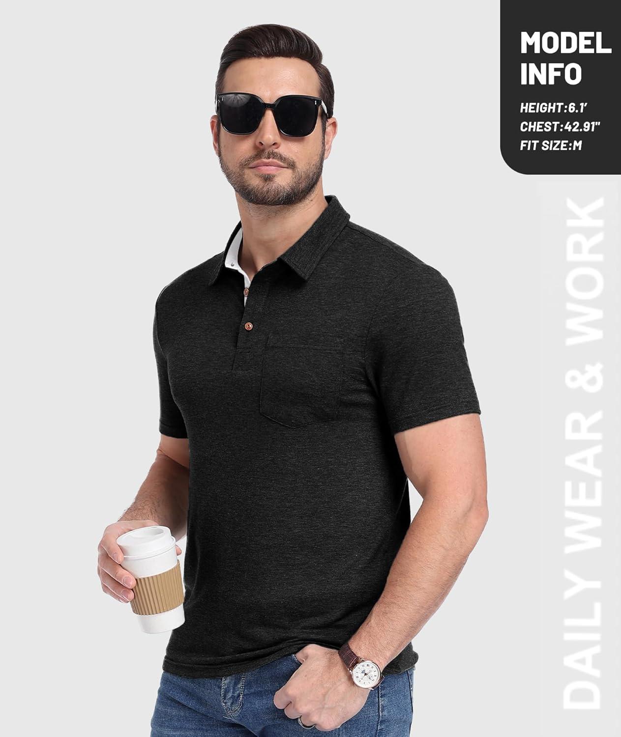imageZITY 5 Pack Mens Polo Shirts with Pocket Short Sleeve Cotton Lightweight Casual Collared Shirts for Golf Business Daily WearSet D