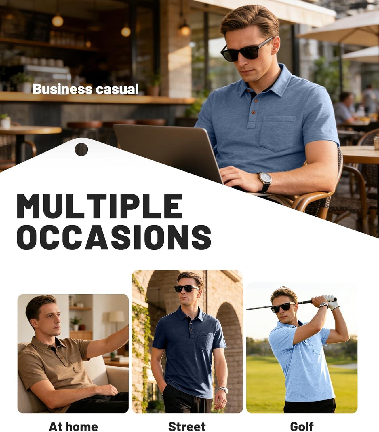 imageZITY 5 Pack Mens Polo Shirts with Pocket Short Sleeve Cotton Lightweight Casual Collared Shirts for Golf Business Daily WearSet E