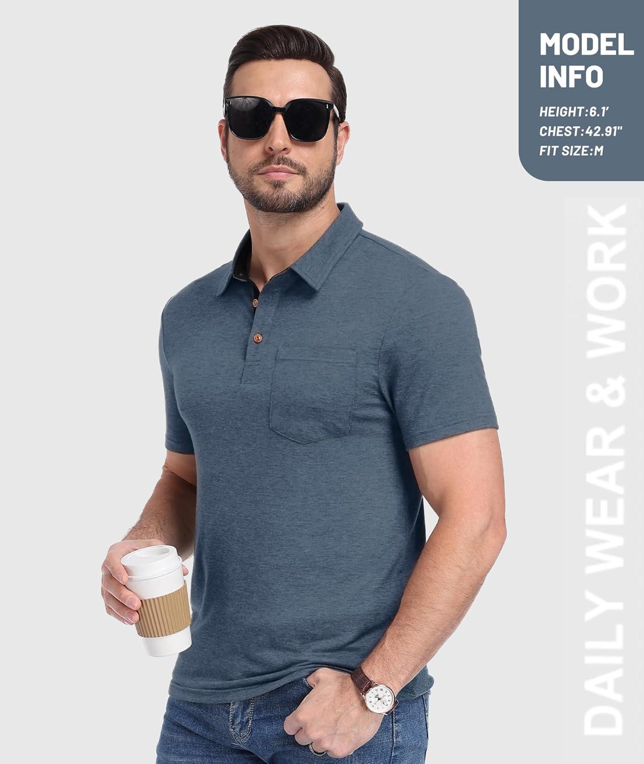 imageZITY 5 Pack Mens Polo Shirts with Pocket Short Sleeve Cotton Lightweight Casual Collared Shirts for Golf Business Daily WearSet E