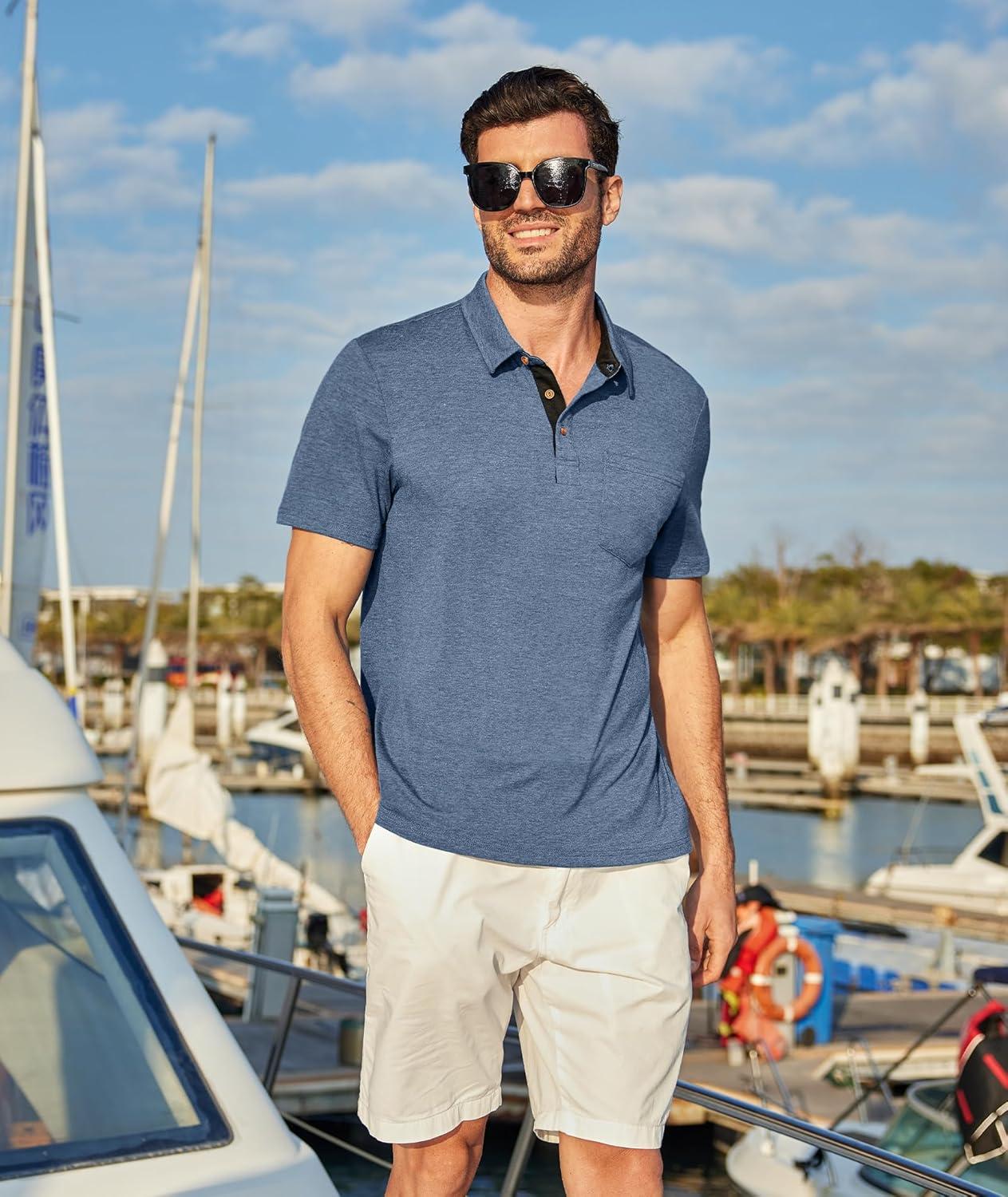 imageZITY 5 Pack Mens Polo Shirts with Pocket Short Sleeve Cotton Lightweight Casual Collared Shirts for Golf Business Daily WearSet E
